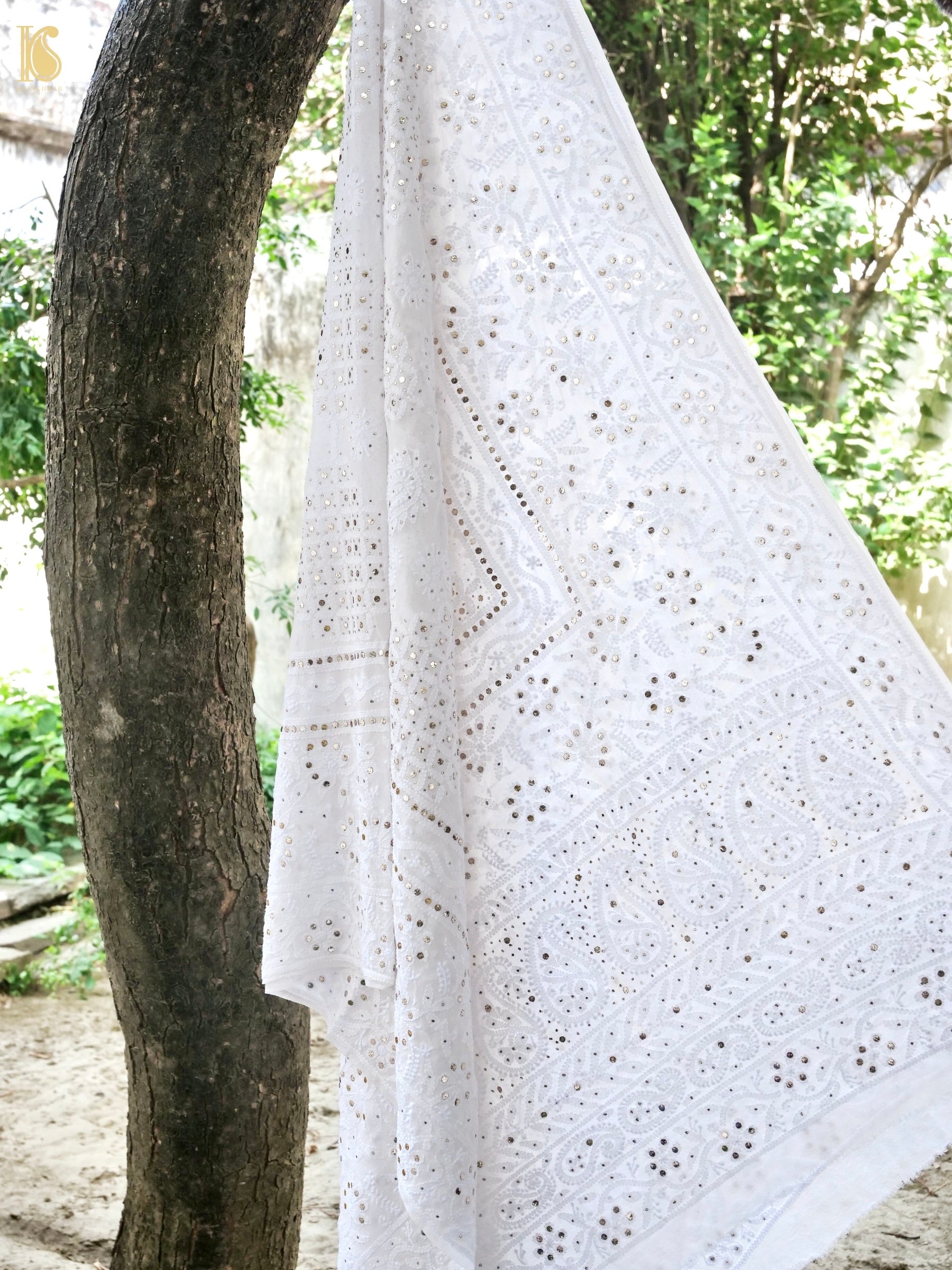 Pure Georgette Chikankari Mukaish Dupatta in White