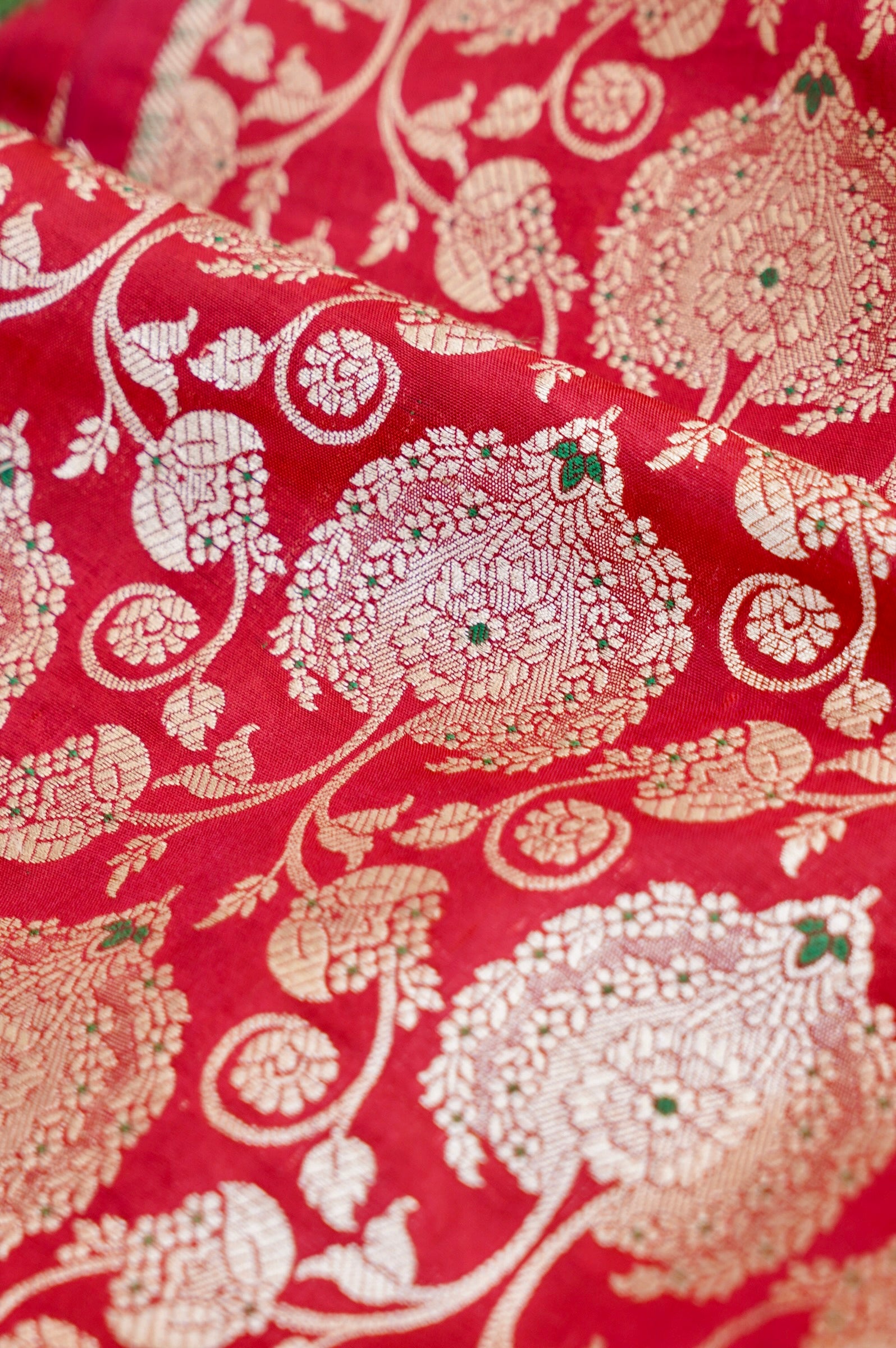 Pure Brocade Banarasi Peony Vine Fabric in Red - Khinkhwab