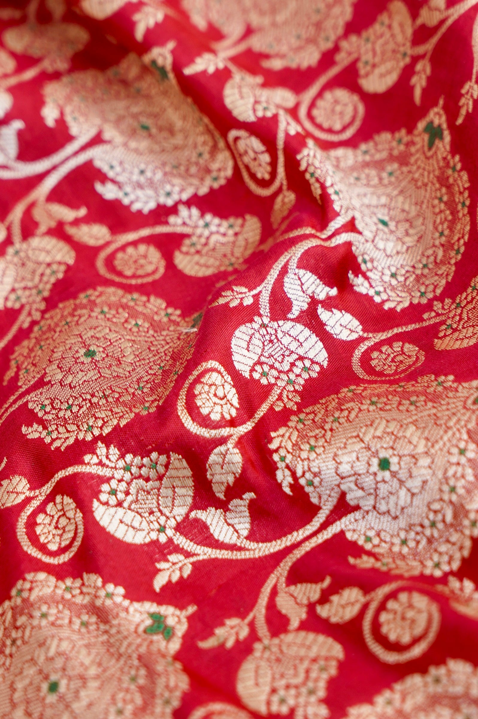 Pure Brocade Banarasi Peony Vine Fabric in Red - Khinkhwab