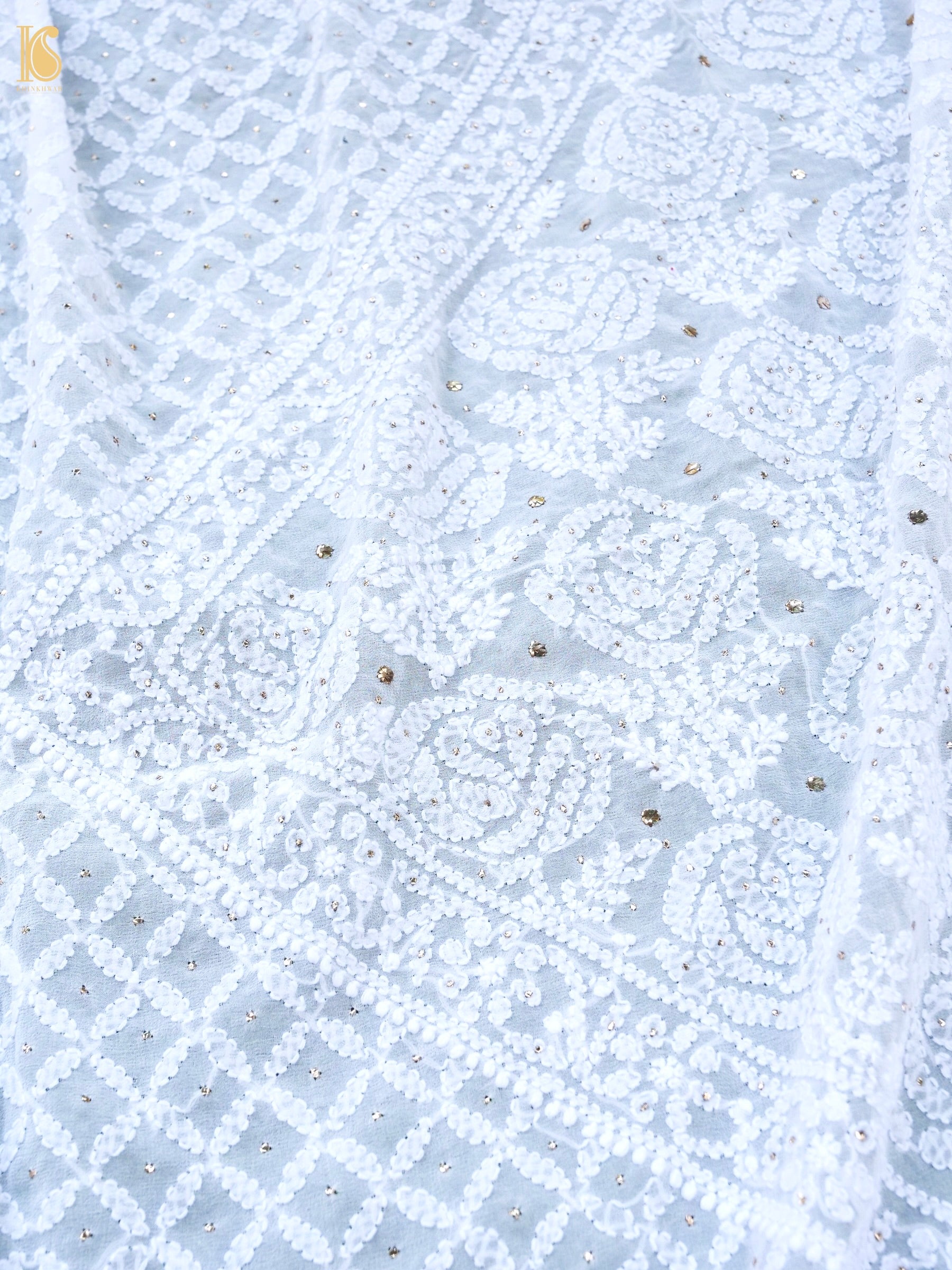 Pure Georgette Chikankari Mukaish Dupatta in White