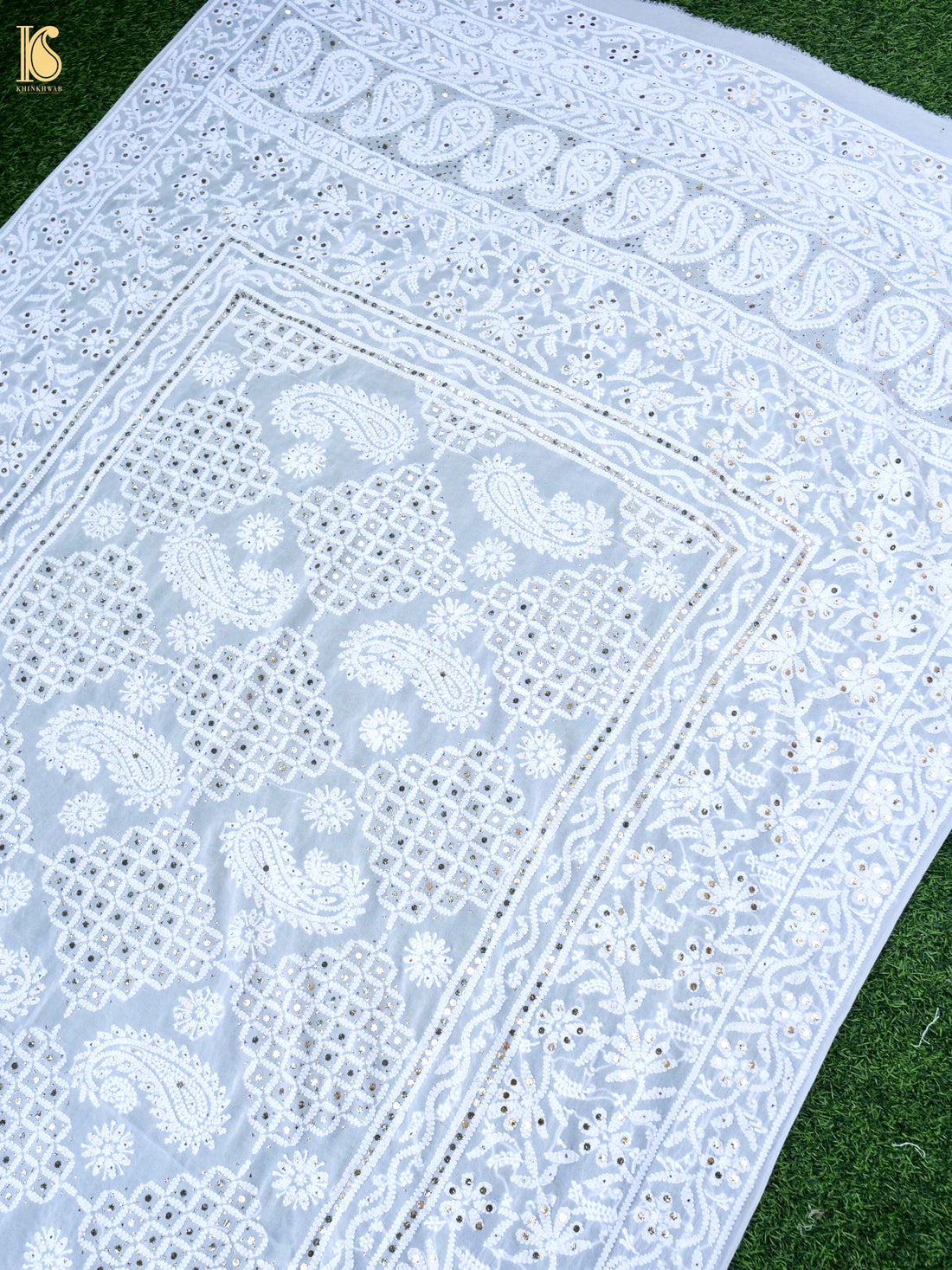 Pure Georgette Chikankari Mukaish Dupatta in White