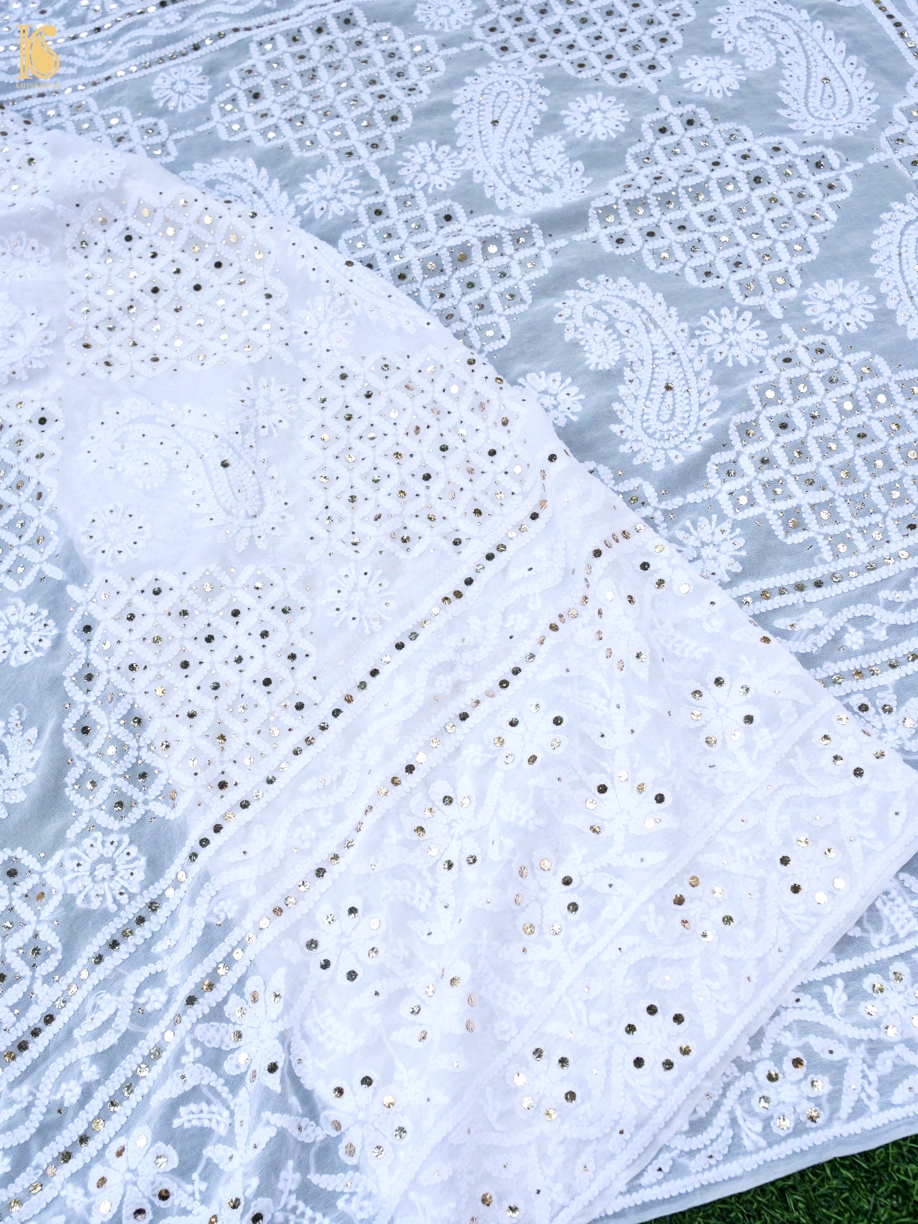 Pure Georgette Chikankari Mukaish Dupatta in White