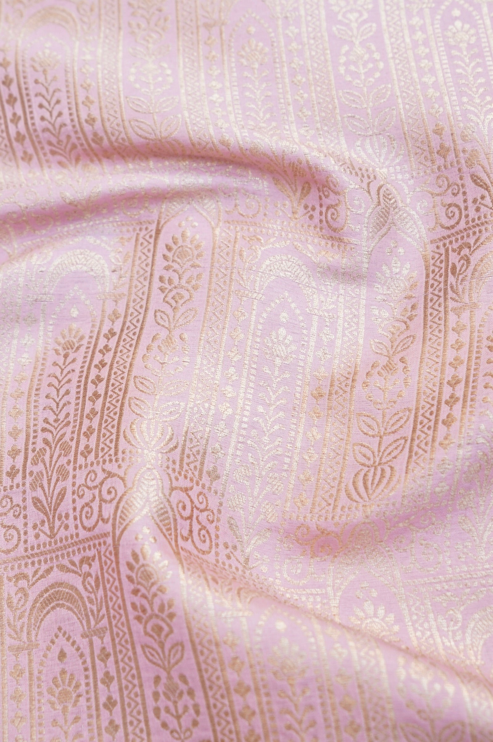 Pure Brocade Banarasi Vertical Jaal Fabric in Pink - Khinkhwab