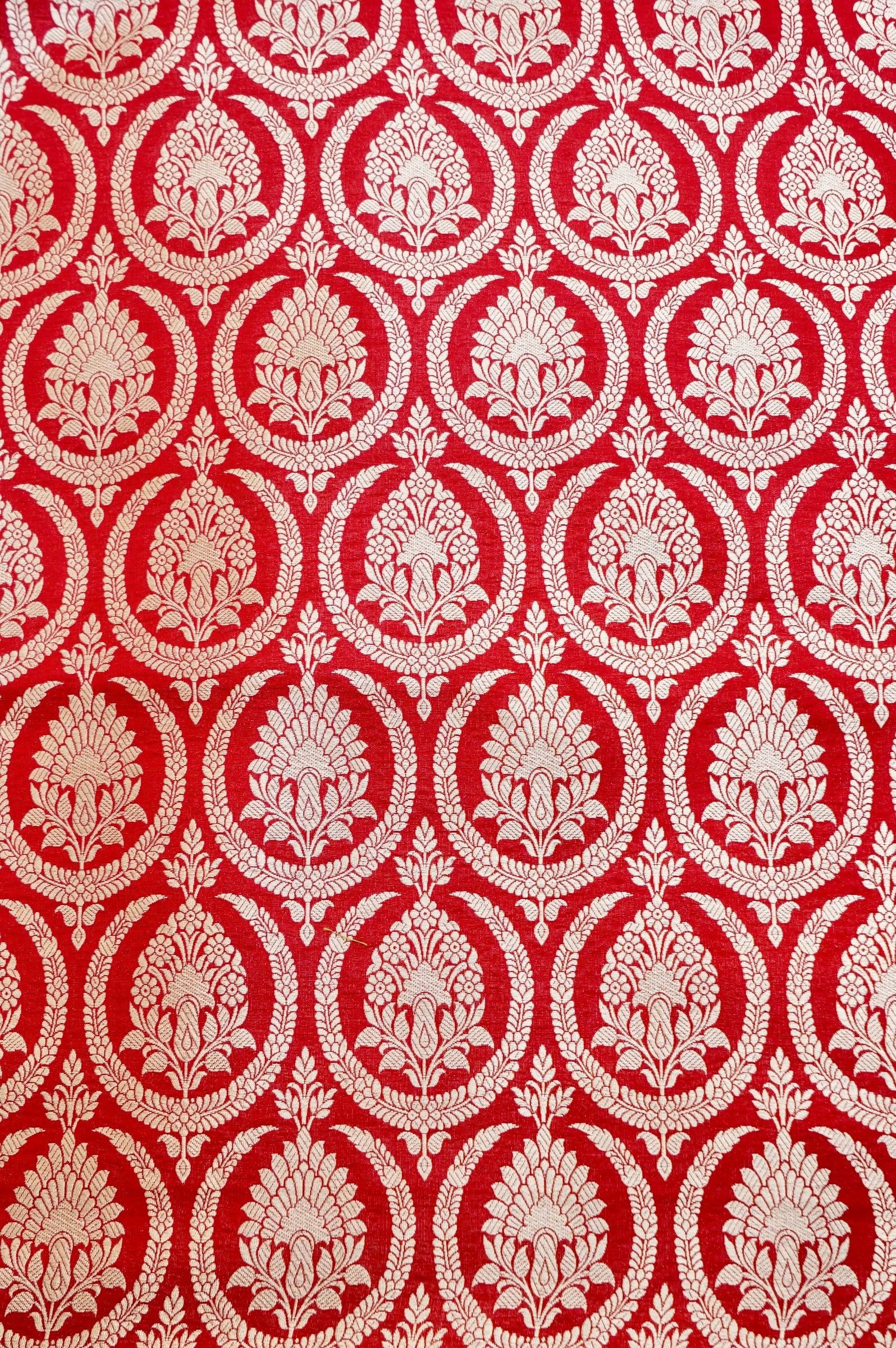 Pure Brocade Banarasi Medallion Jaal Fabric in Red - Khinkhwab
