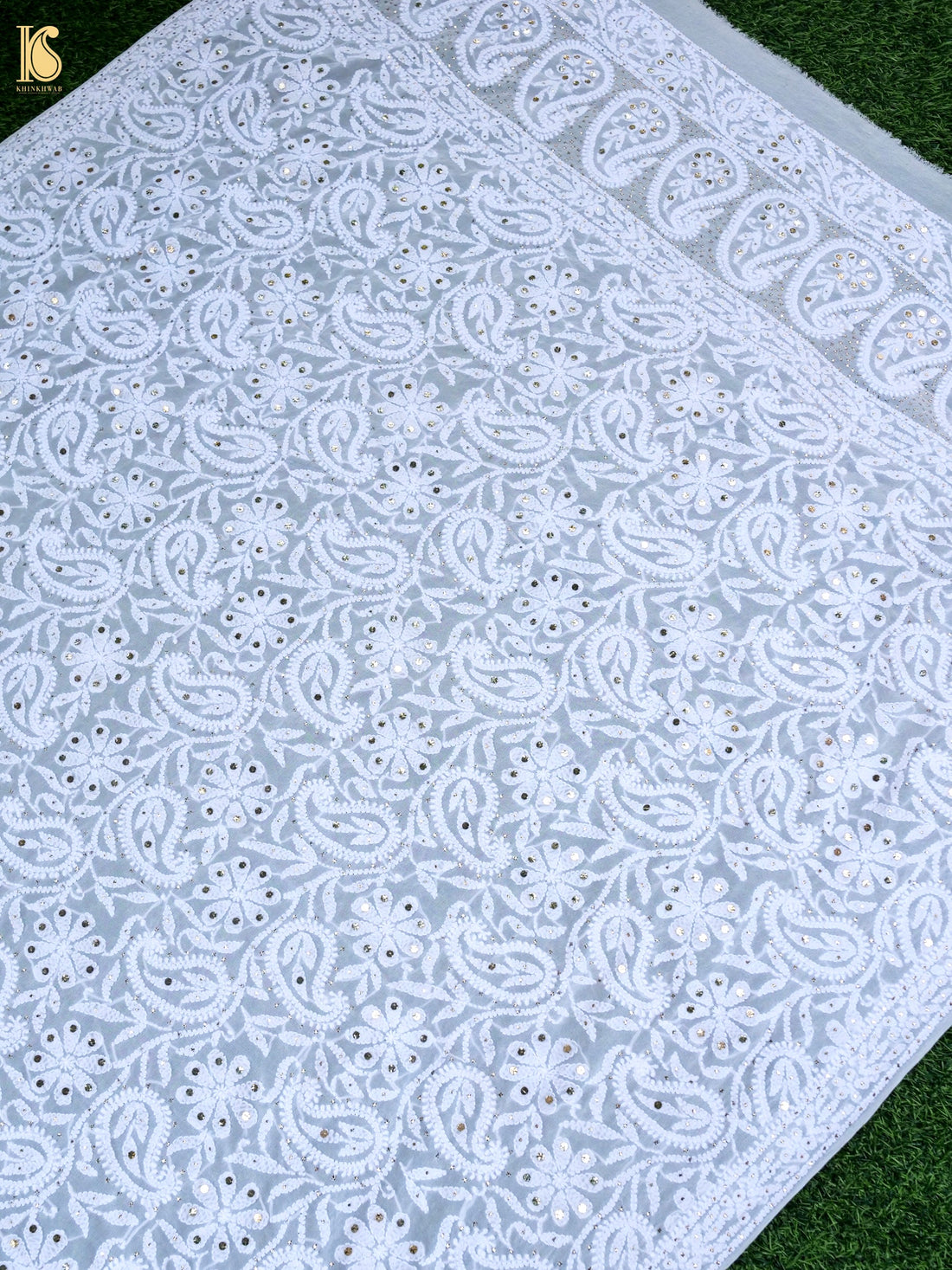 Pure Georgette Chikankari Mukaish Phulwar Jaal Dupatta in White
