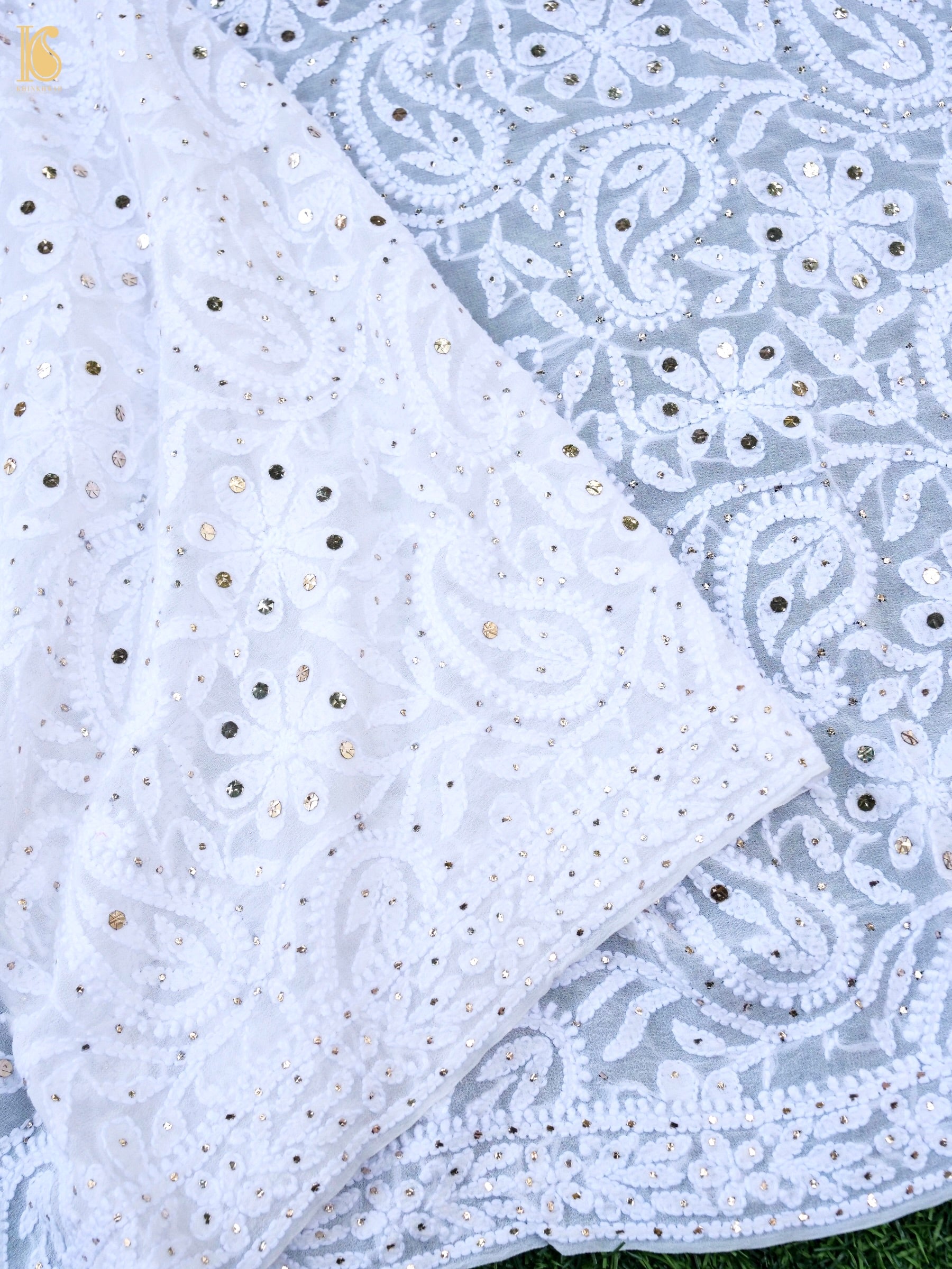 Pure Georgette Chikankari Mukaish Phulwar Jaal Dupatta in White