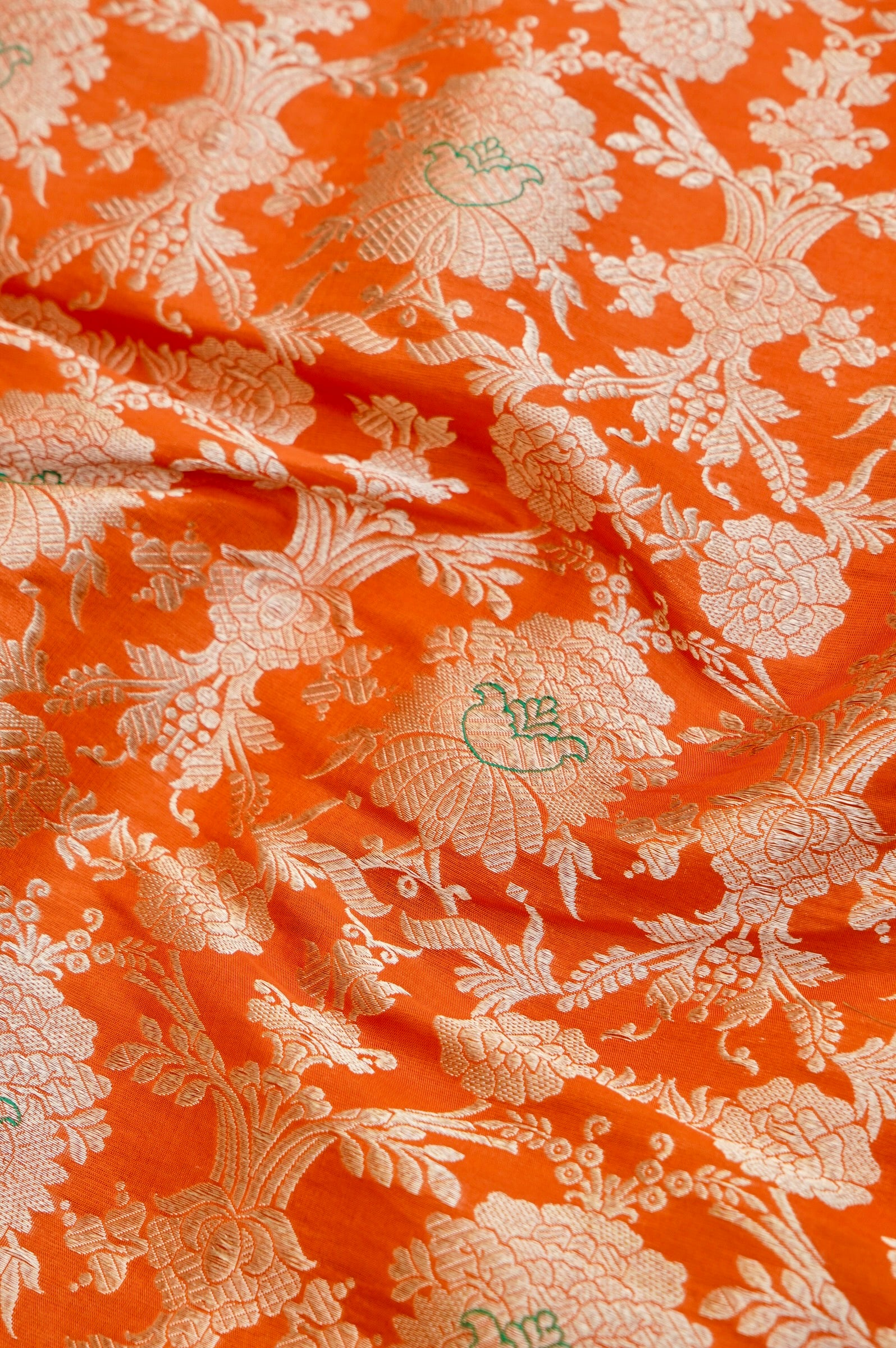 Pure Brocade Banarasi Mehraab Fabric in Orange - Khinkhwab