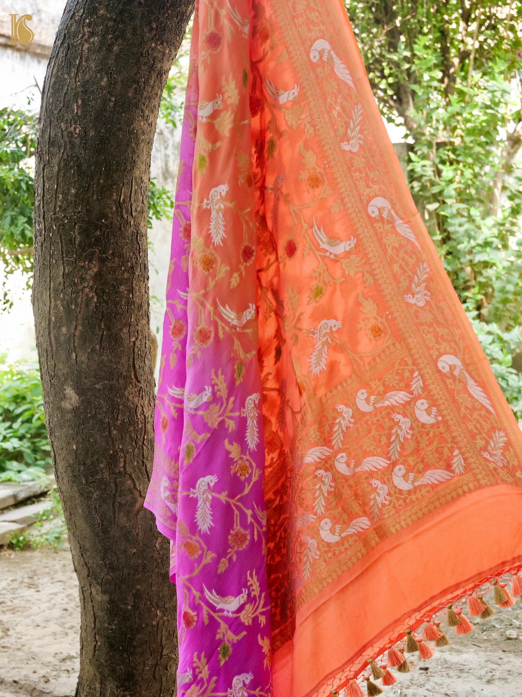 Banarasi Georgette Meenakari Dupatta in Pink and Orange - Birds of Paradise