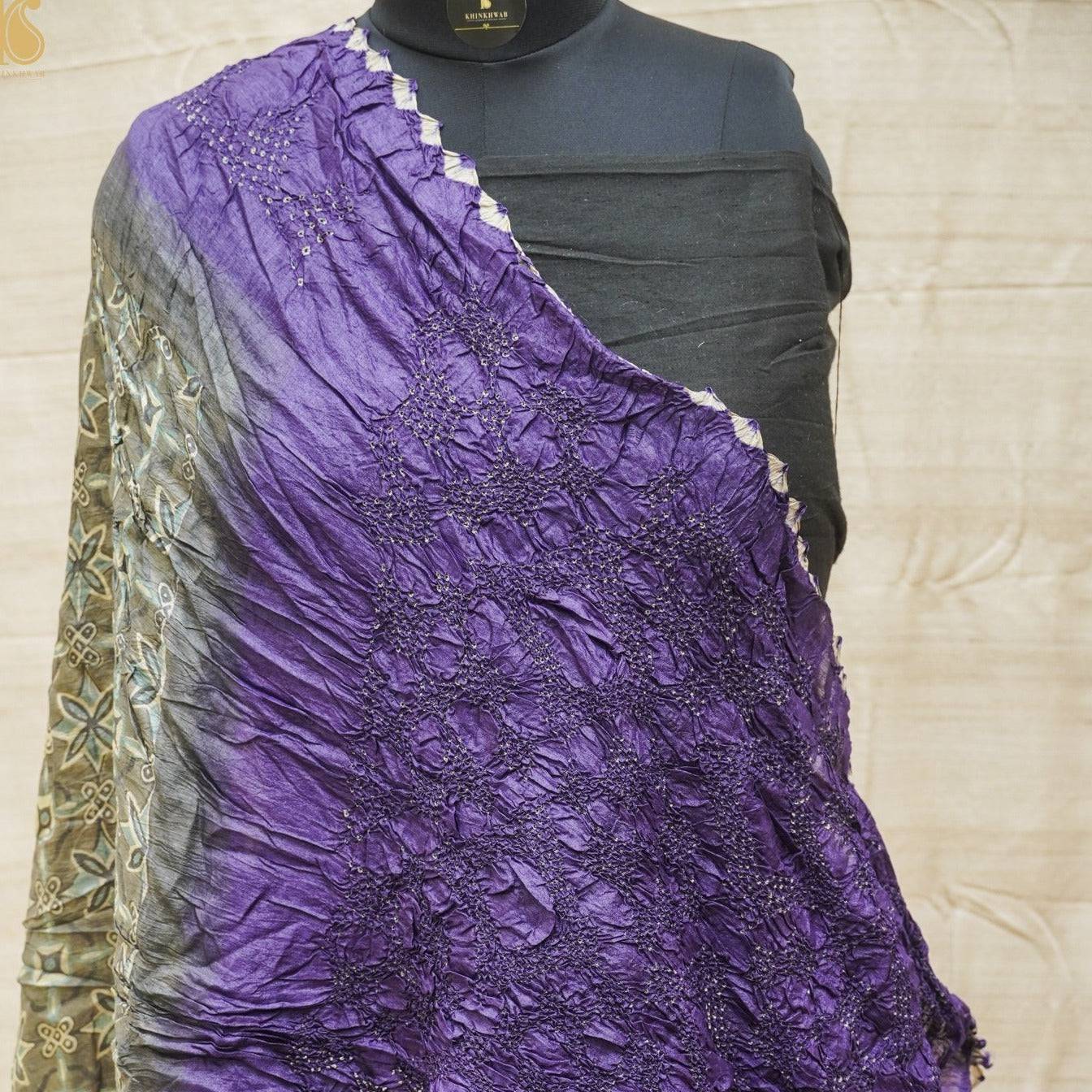 Pure Tussar Silk Saree with Bandhani & Ajrakh