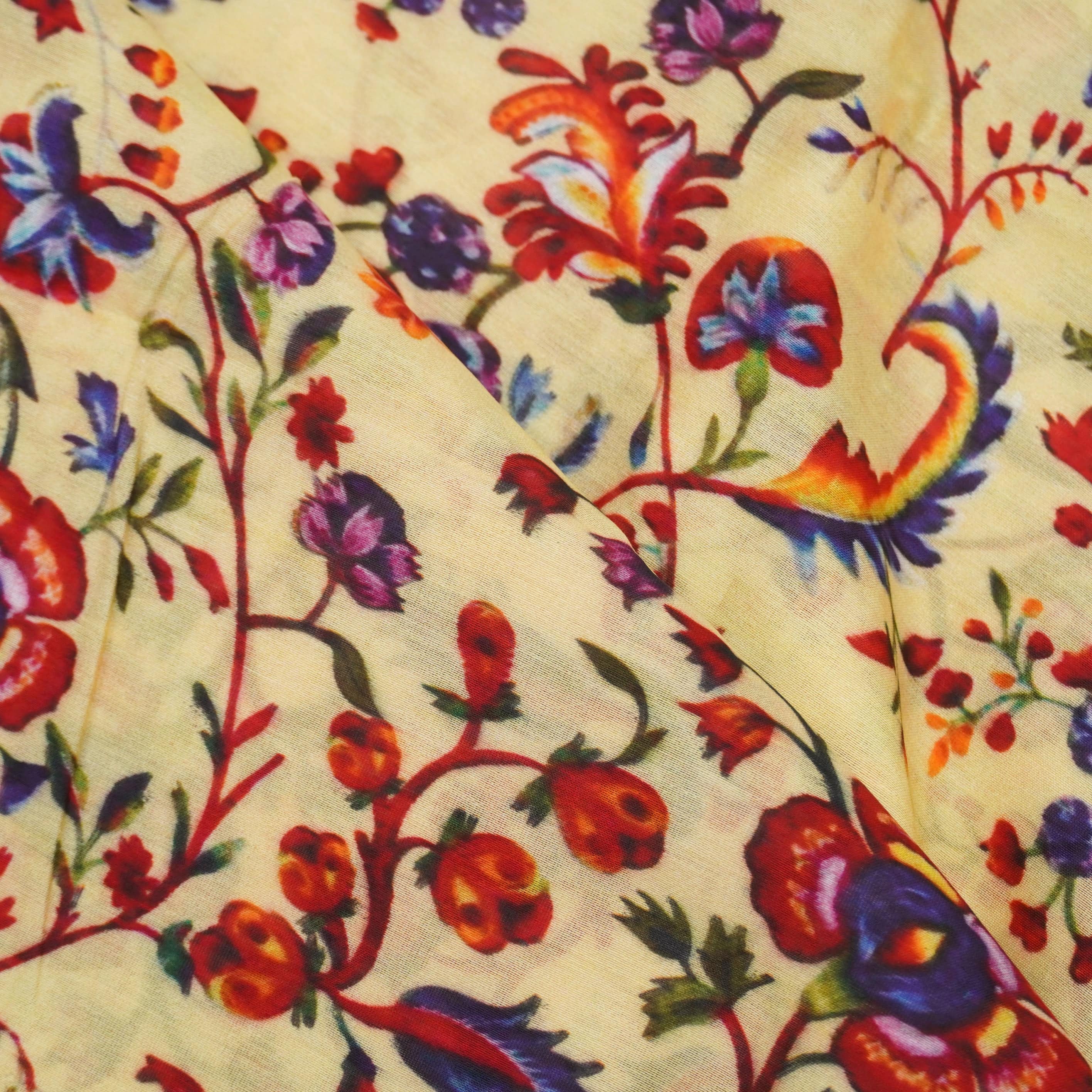 Beige Pure Chanderi Silk Print Fabric