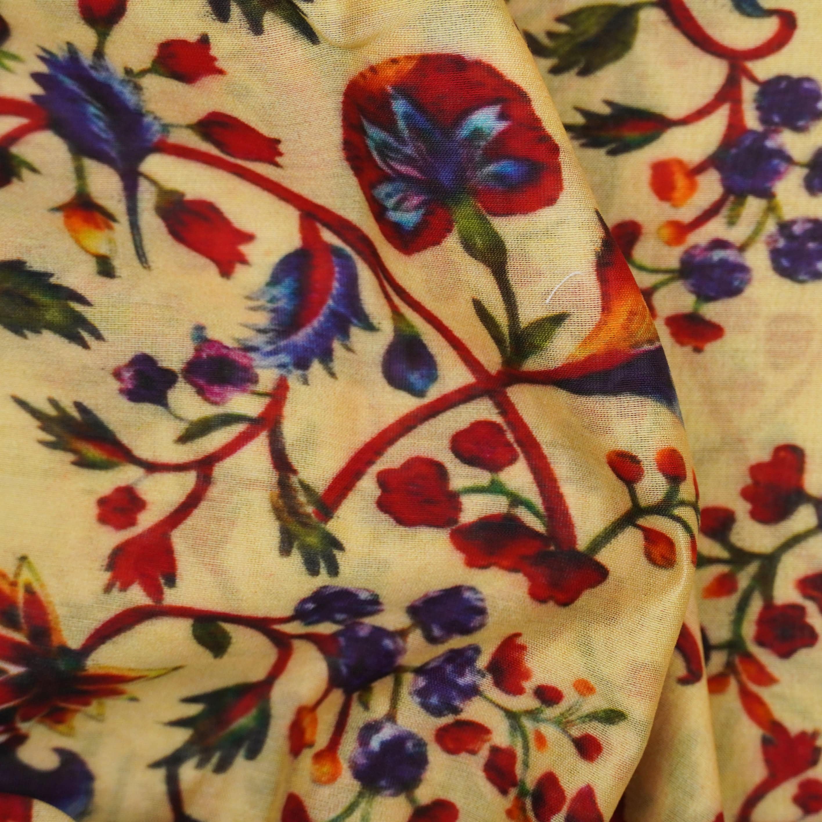 Beige Pure Chanderi Silk Print Fabric