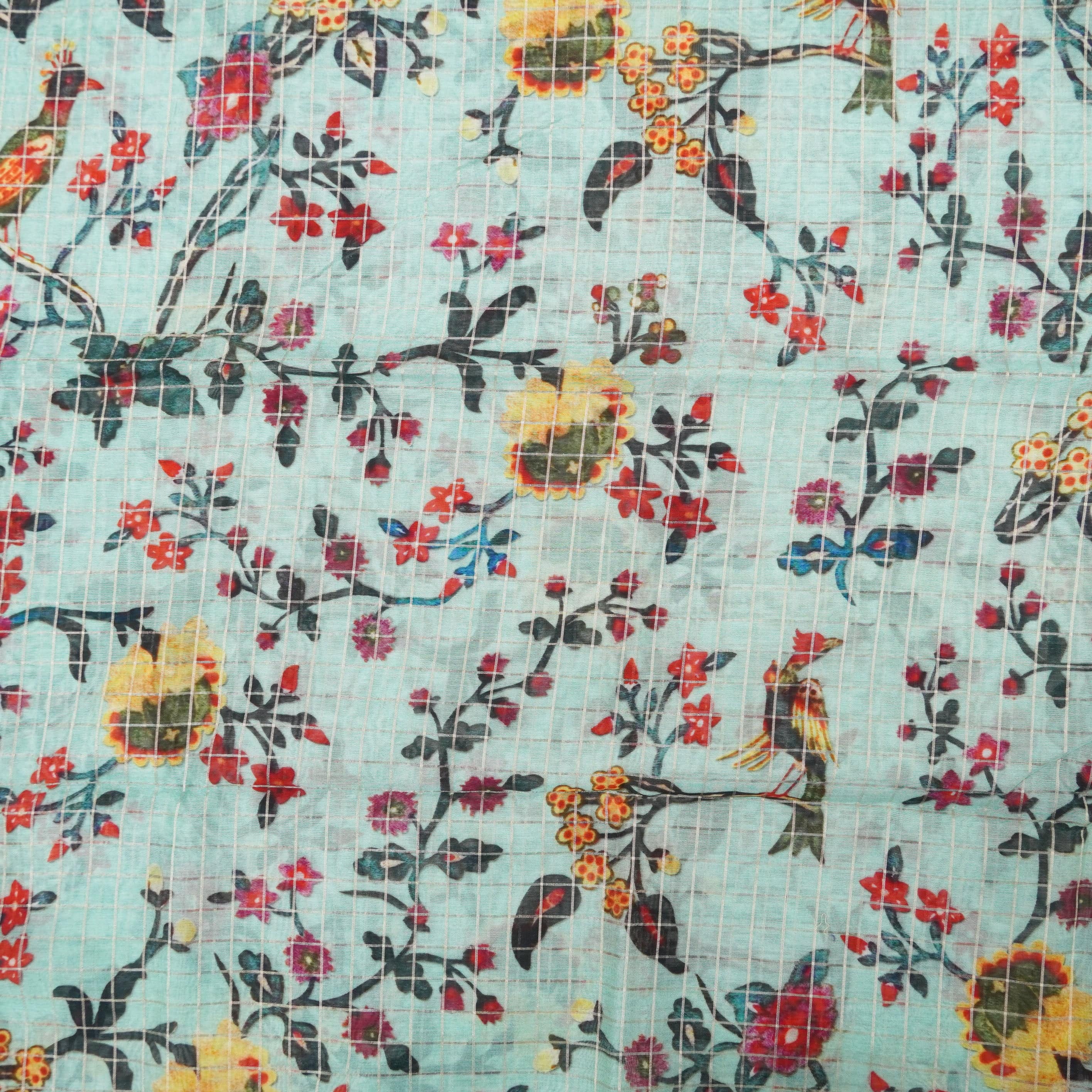 Blue Pure Chanderi Silk with Zari Checks Print Fabric