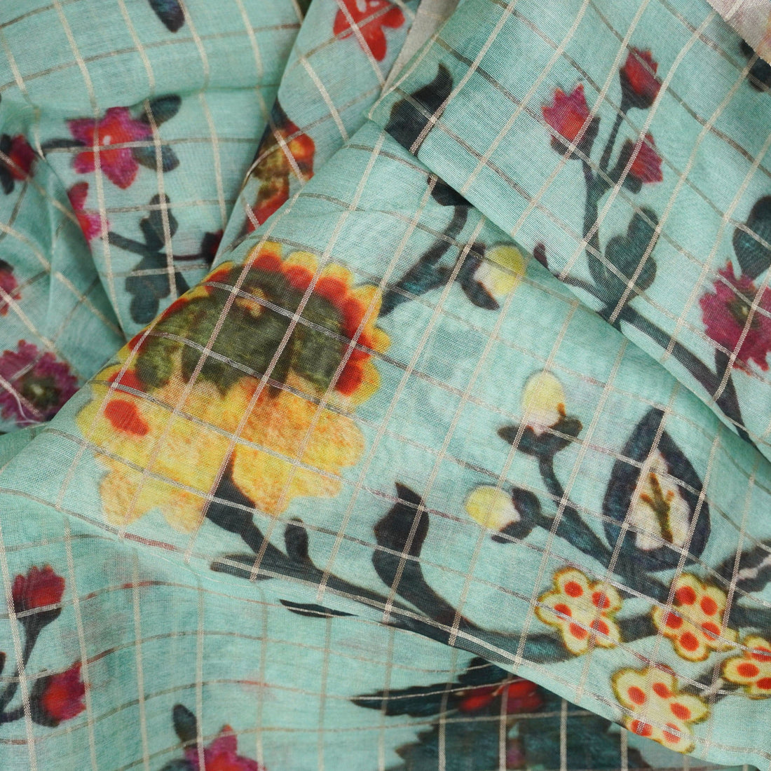 Blue Pure Chanderi Silk with Zari Checks Print Fabric