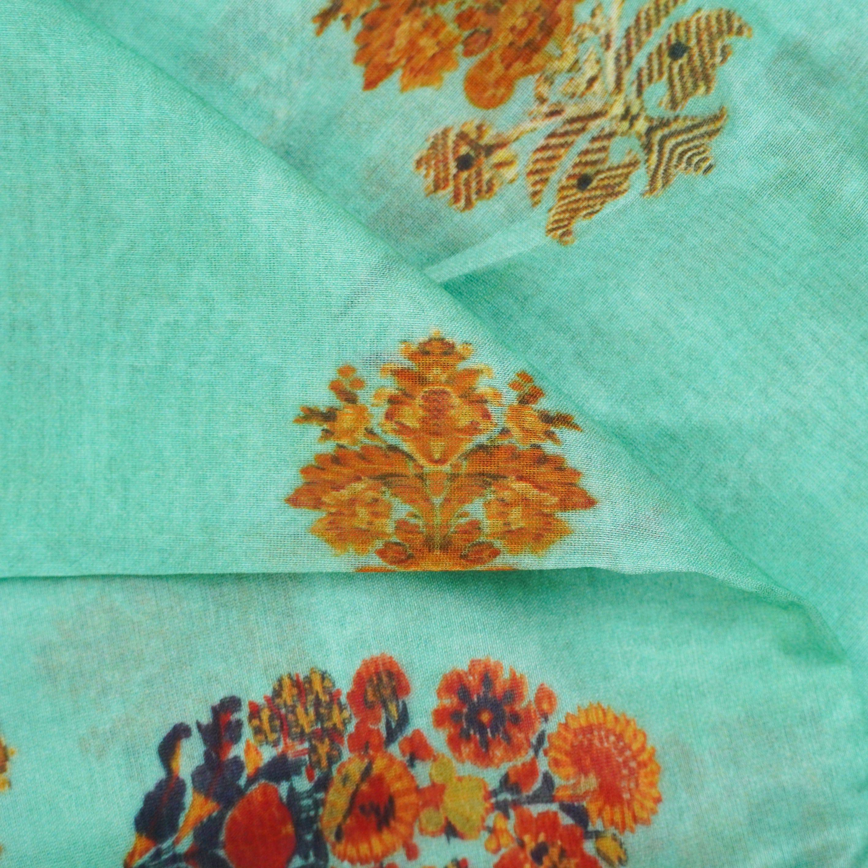 Green Pure Chanderi Silk Print Fabric
