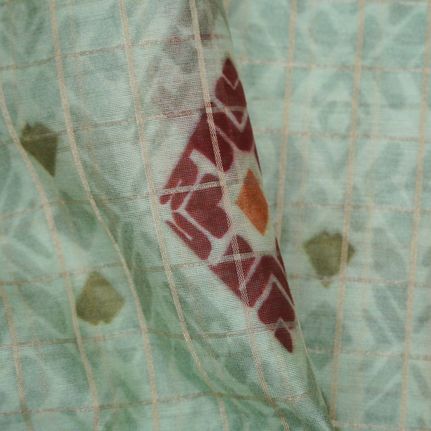 Green Pure Chanderi Silk with Zari Checks Print Fabric