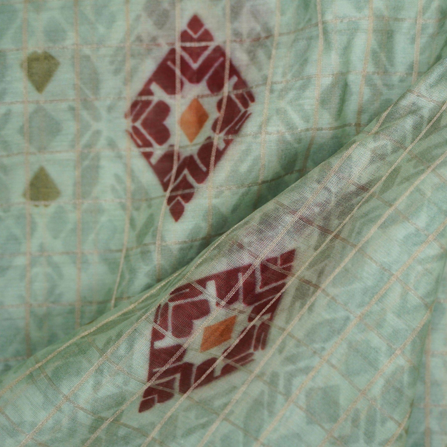 Green Pure Chanderi Silk with Zari Checks Print Fabric