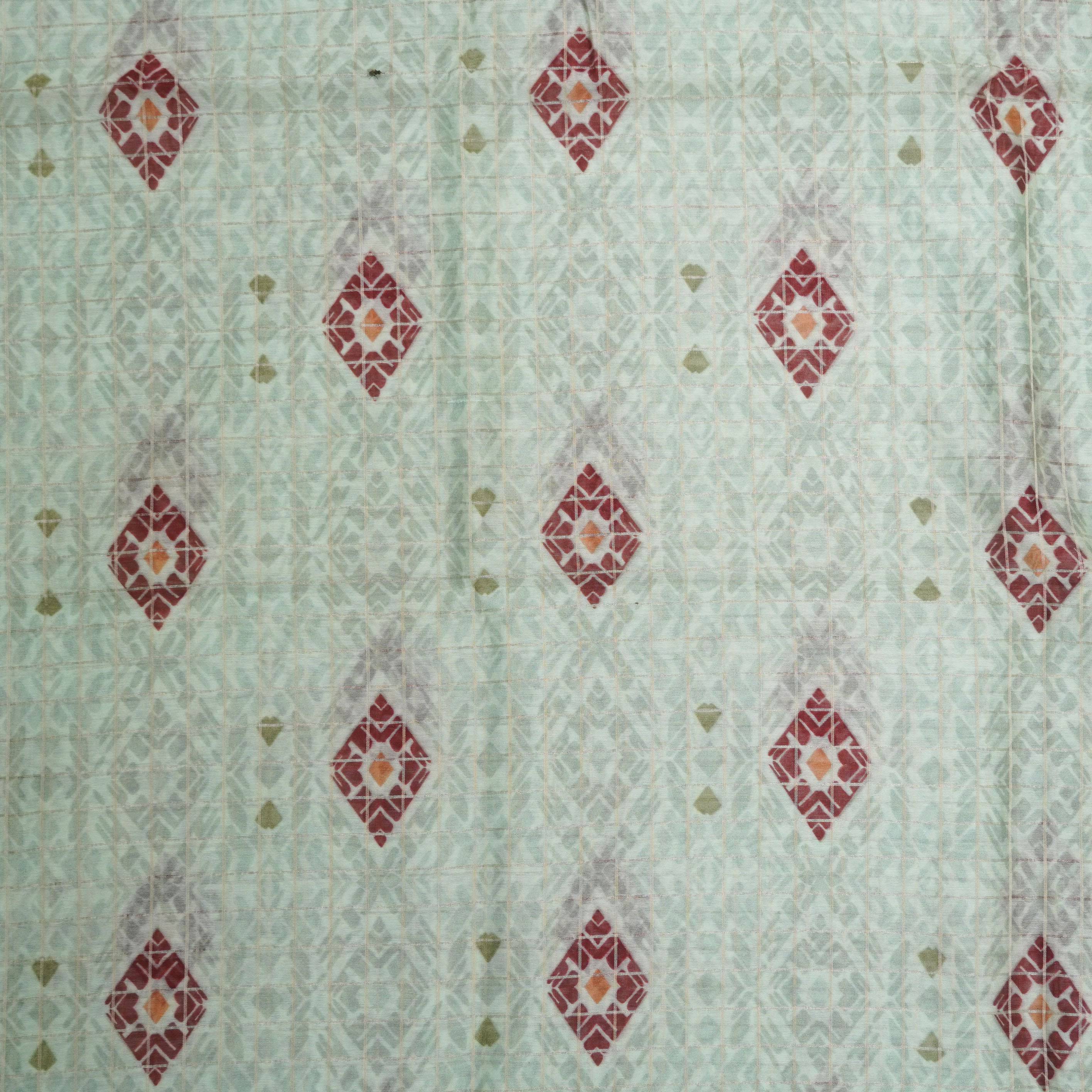 Green Pure Chanderi Silk with Zari Checks Print Fabric