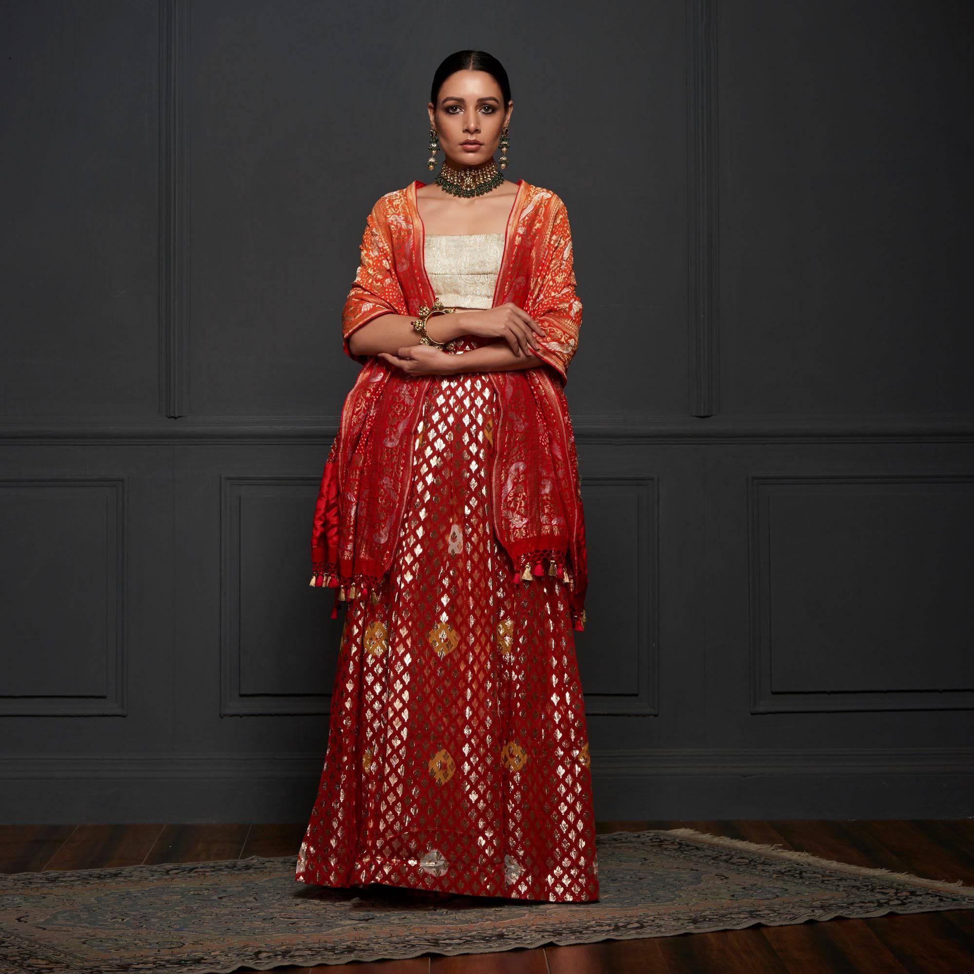 Orange Chanderi Banarasi Stitched Lehenga