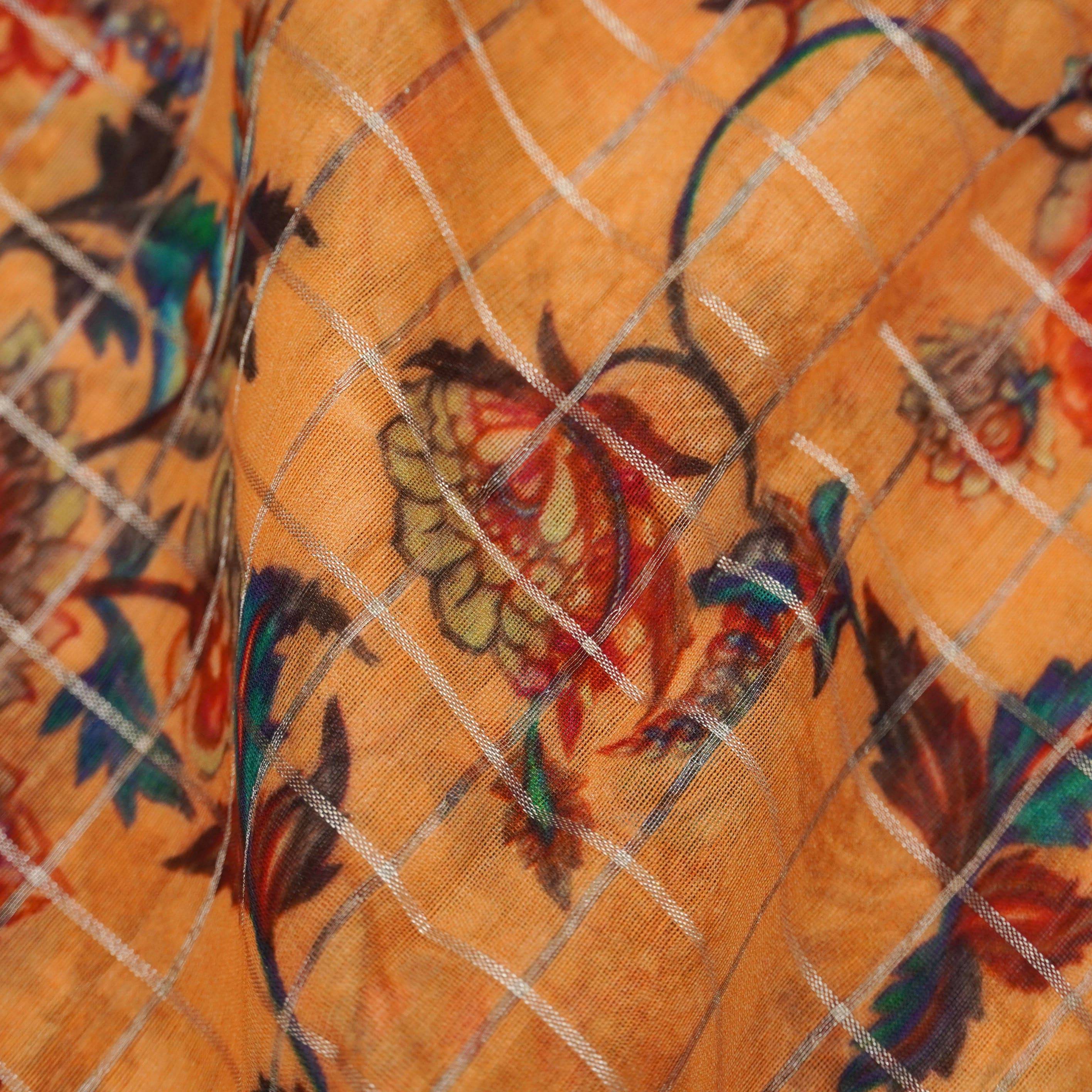 Chanderi Silk with Zari Checks Print Fabric