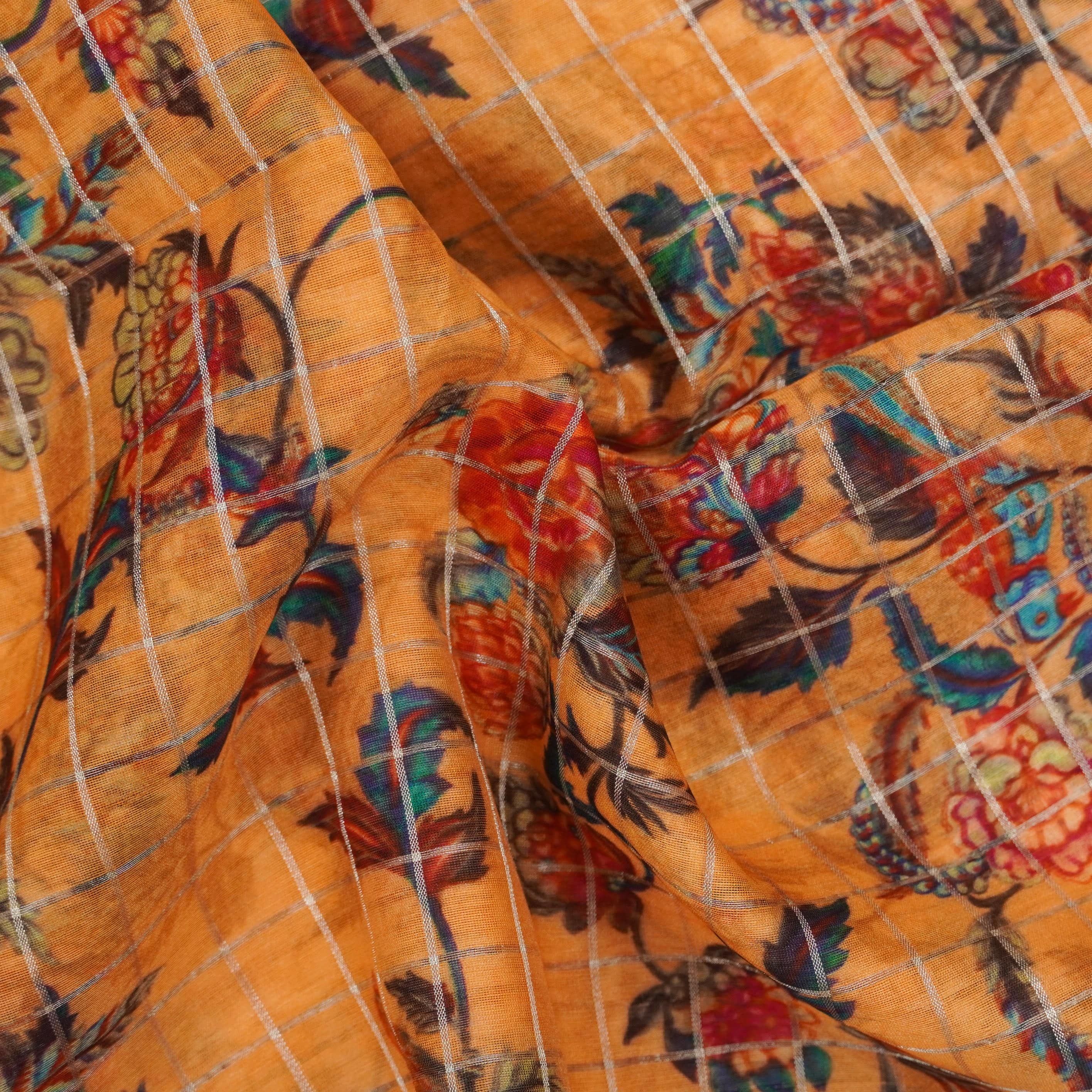 Chanderi Silk with Zari Checks Print Fabric