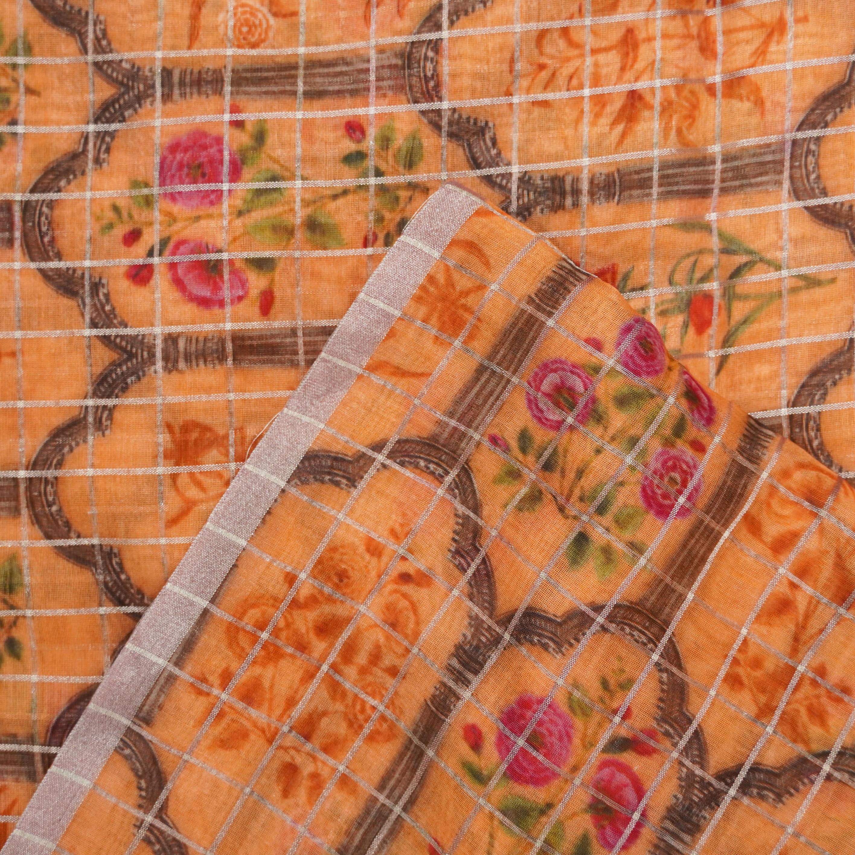 Orange Pure Chanderi Silk with Zari Checks Print Fabric