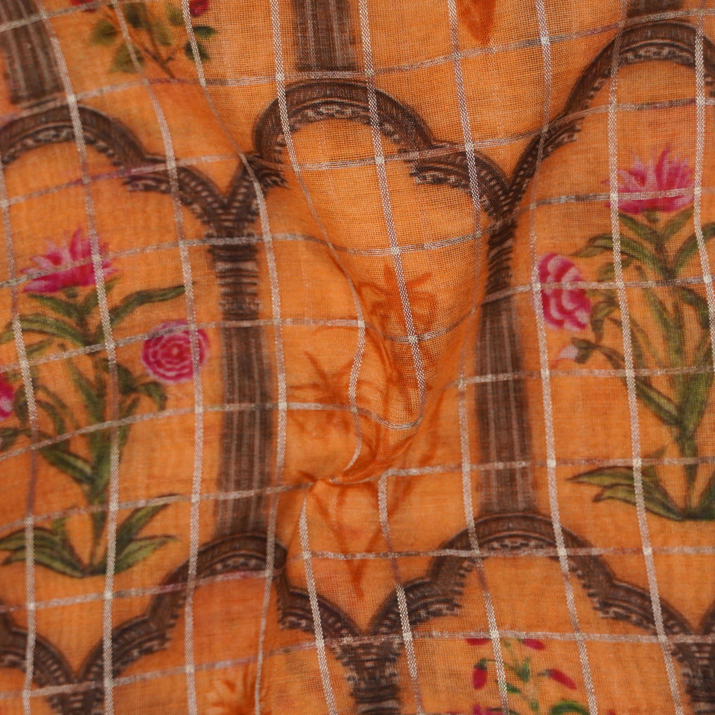 Orange Pure Chanderi Silk with Zari Checks Print Fabric