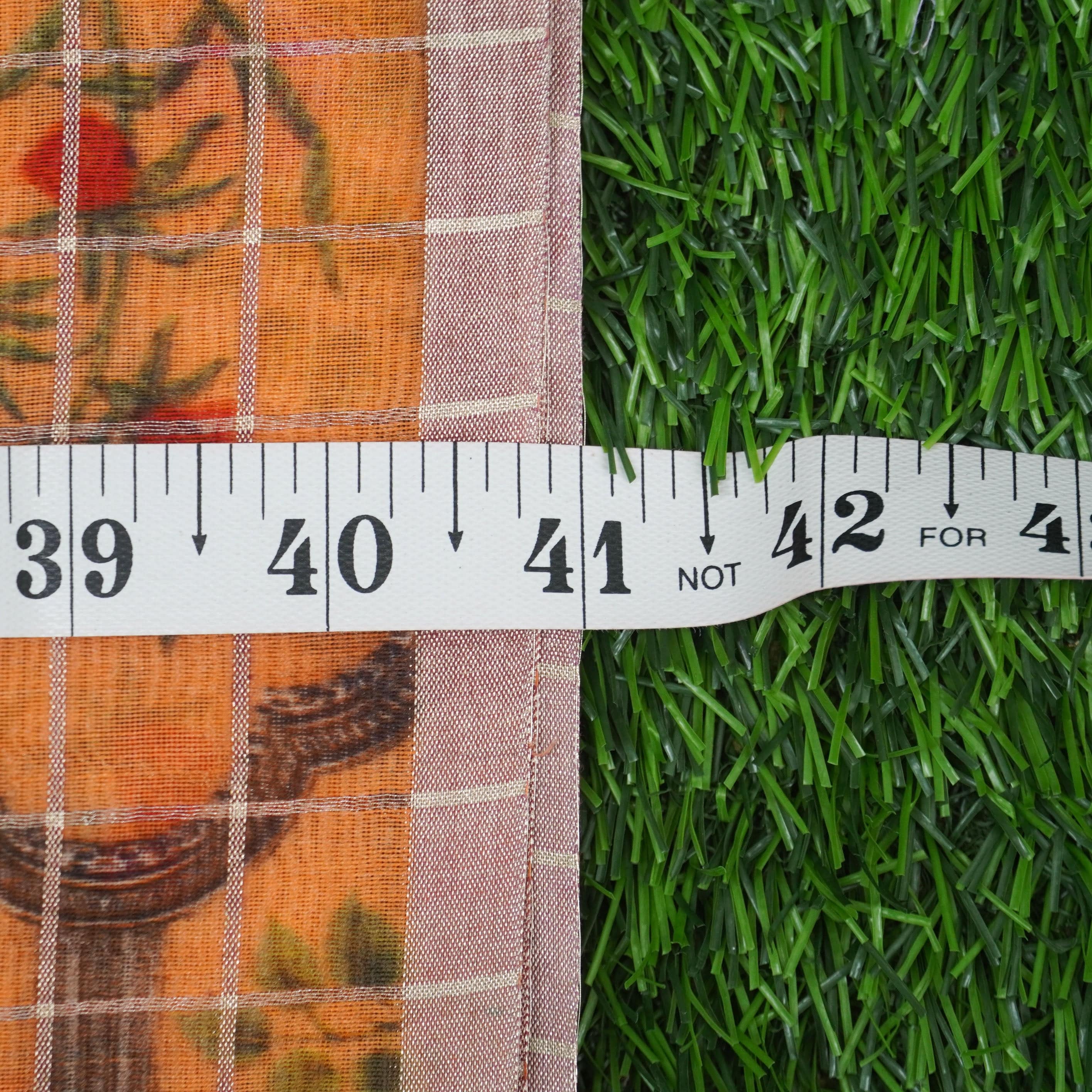 Orange Pure Chanderi Silk with Zari Checks Print Fabric