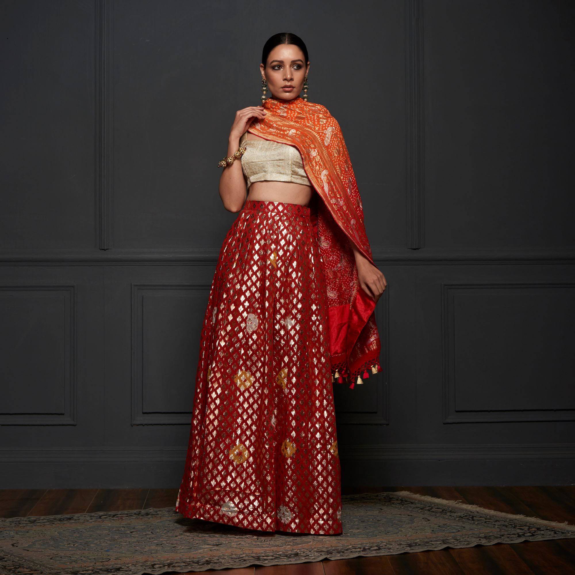 Orange & Yellow Chanderi Banarasi Stitched Lehenga Set