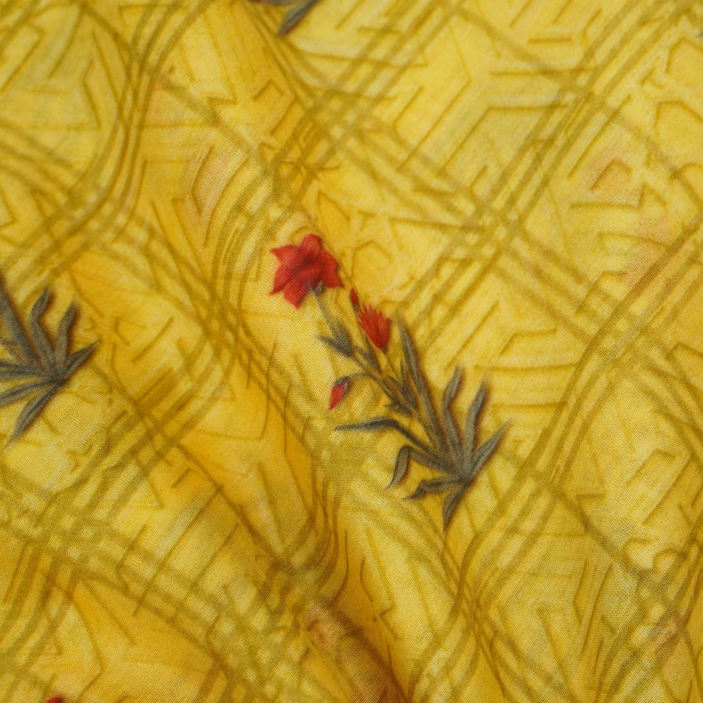 Yellow Pure Chanderi Silk Print Fabric