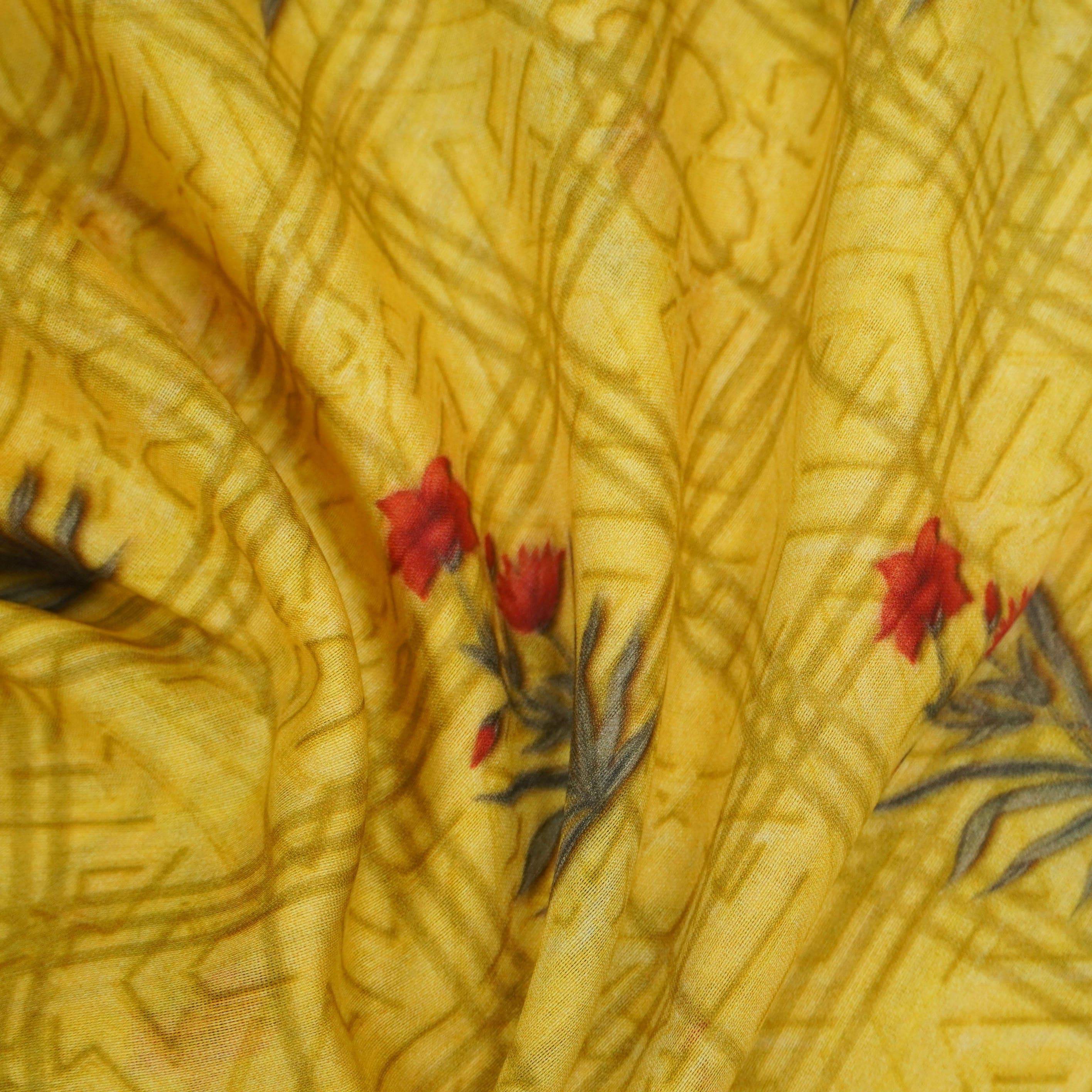 Yellow Pure Chanderi Silk Print Fabric