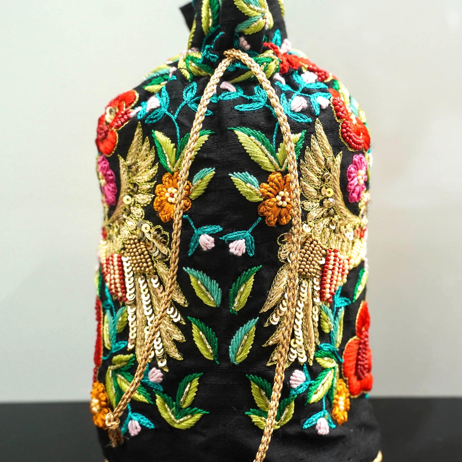 Black Pure Raw Silk Hand Embroidery Potlis
