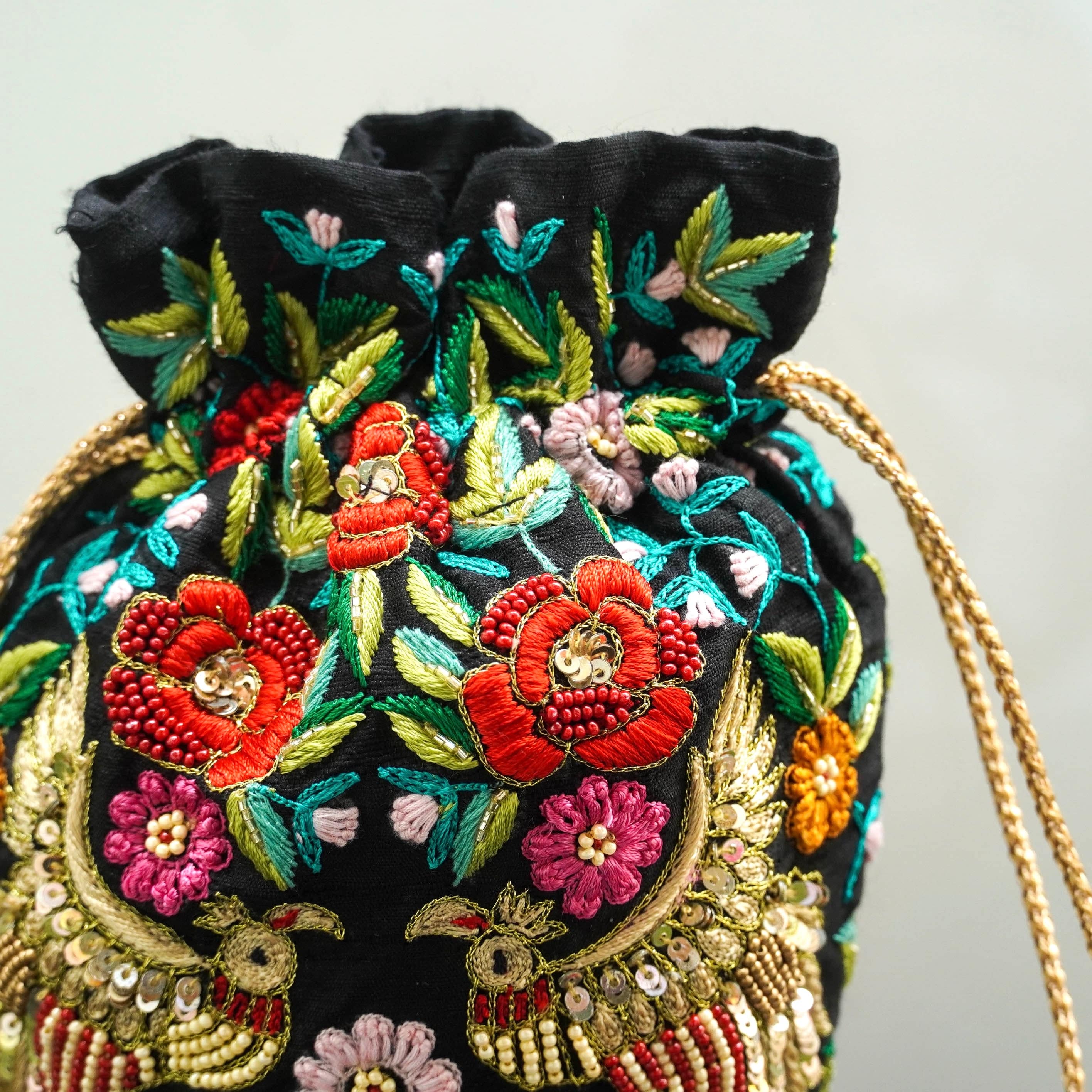 Black Pure Raw Silk Hand Embroidery Potlis