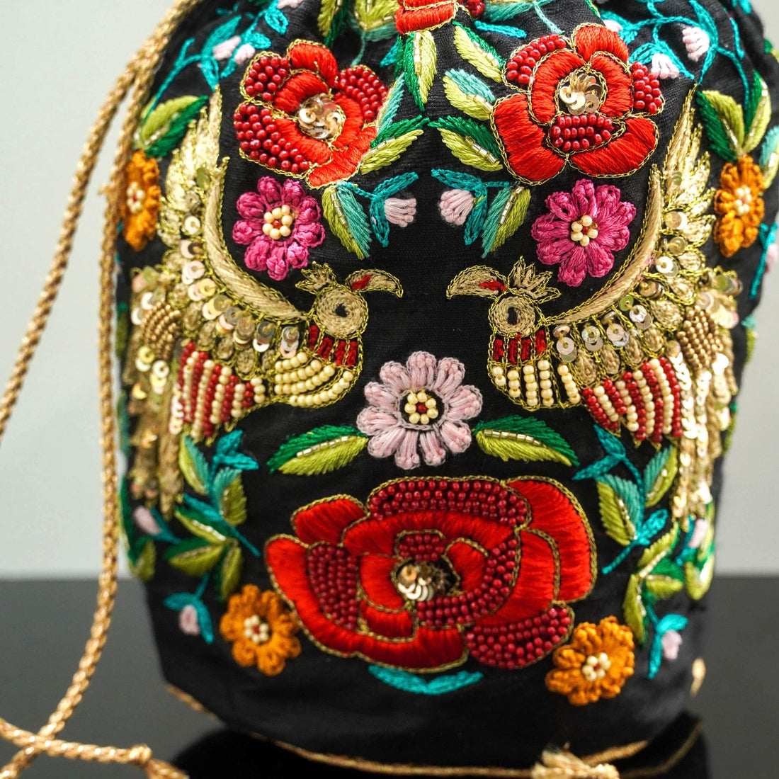 Black Pure Raw Silk Hand Embroidery Potlis