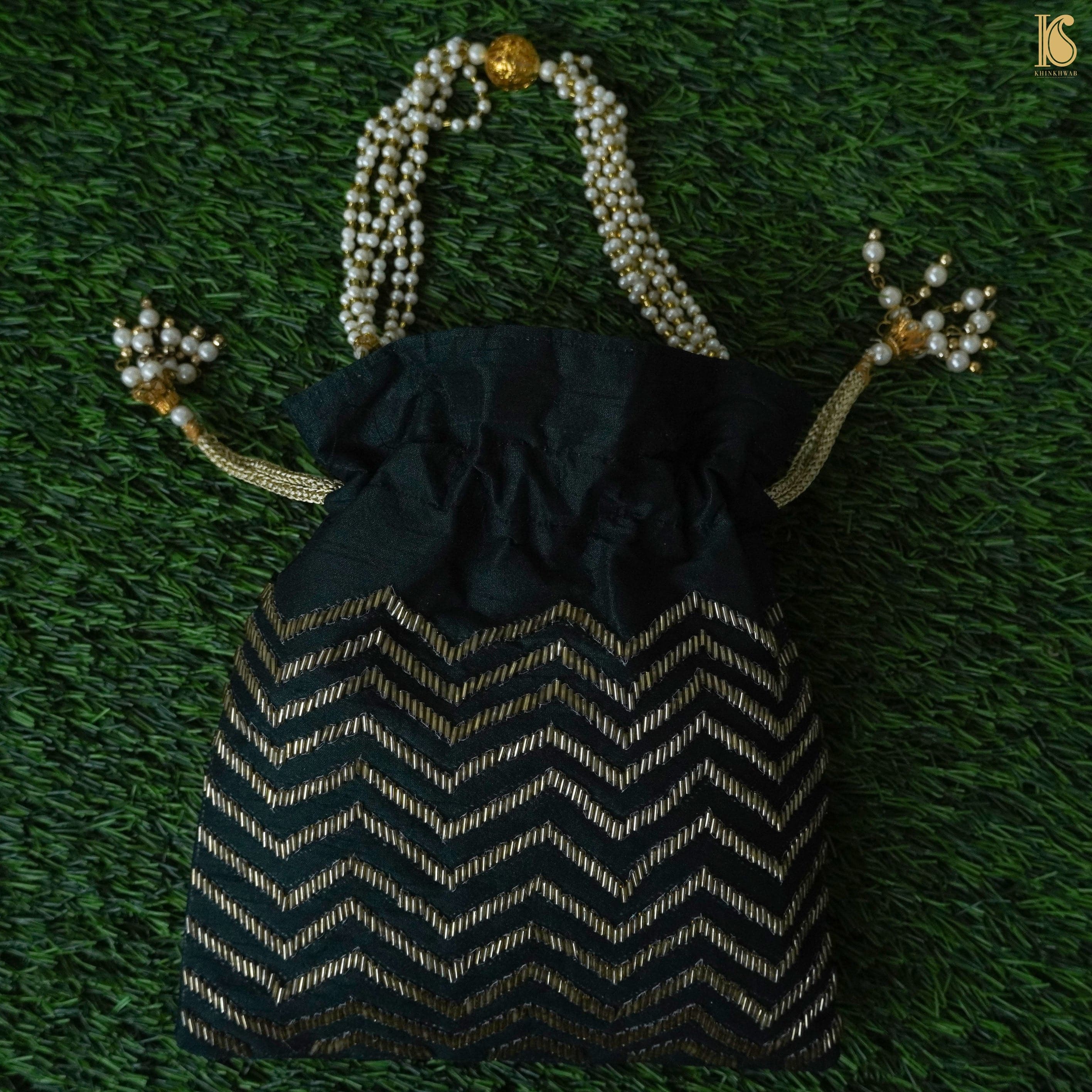Bottle Green Pure Raw Silk Embroidery Potlis