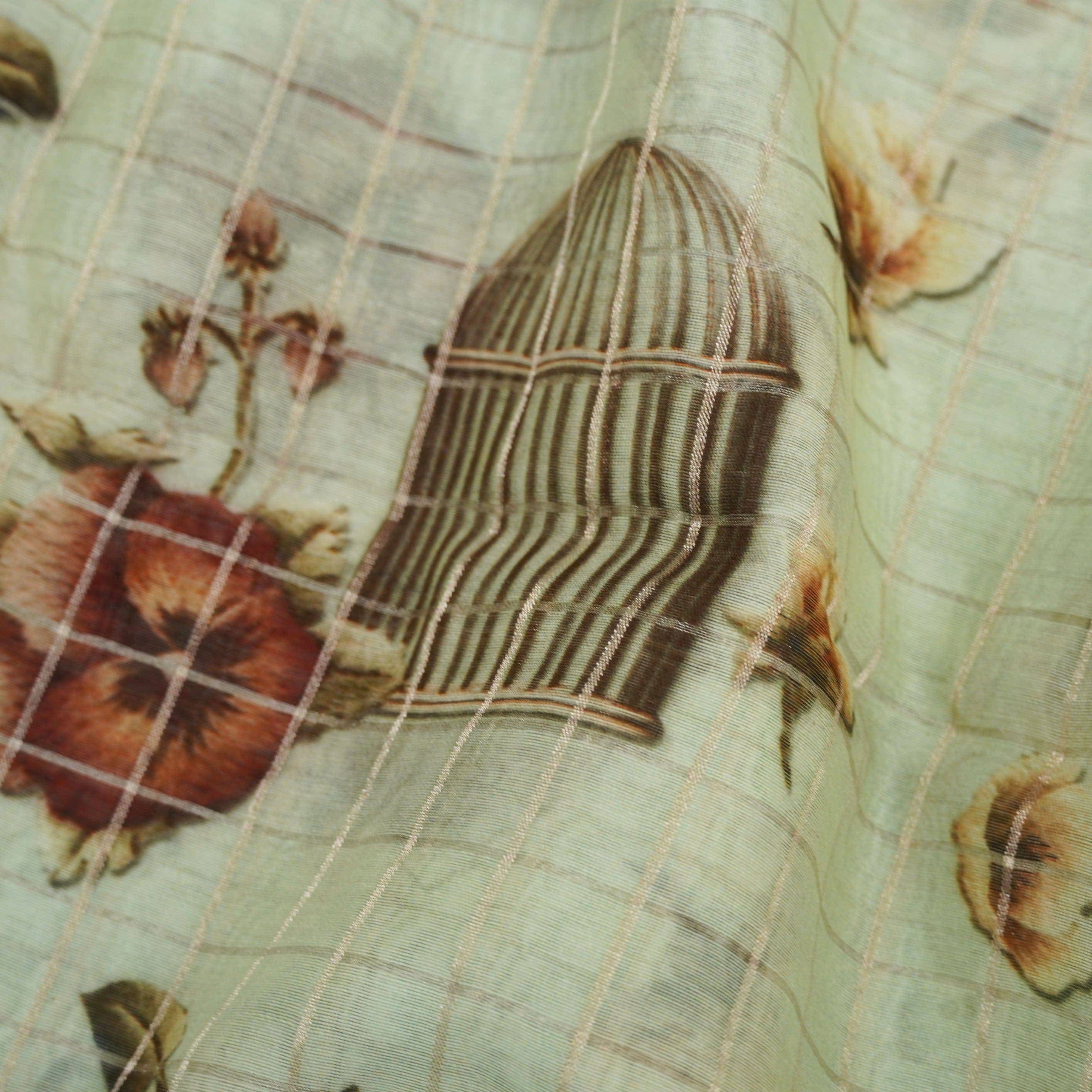 Green Pure Chanderi Silk with Zari Checks Print Fabric