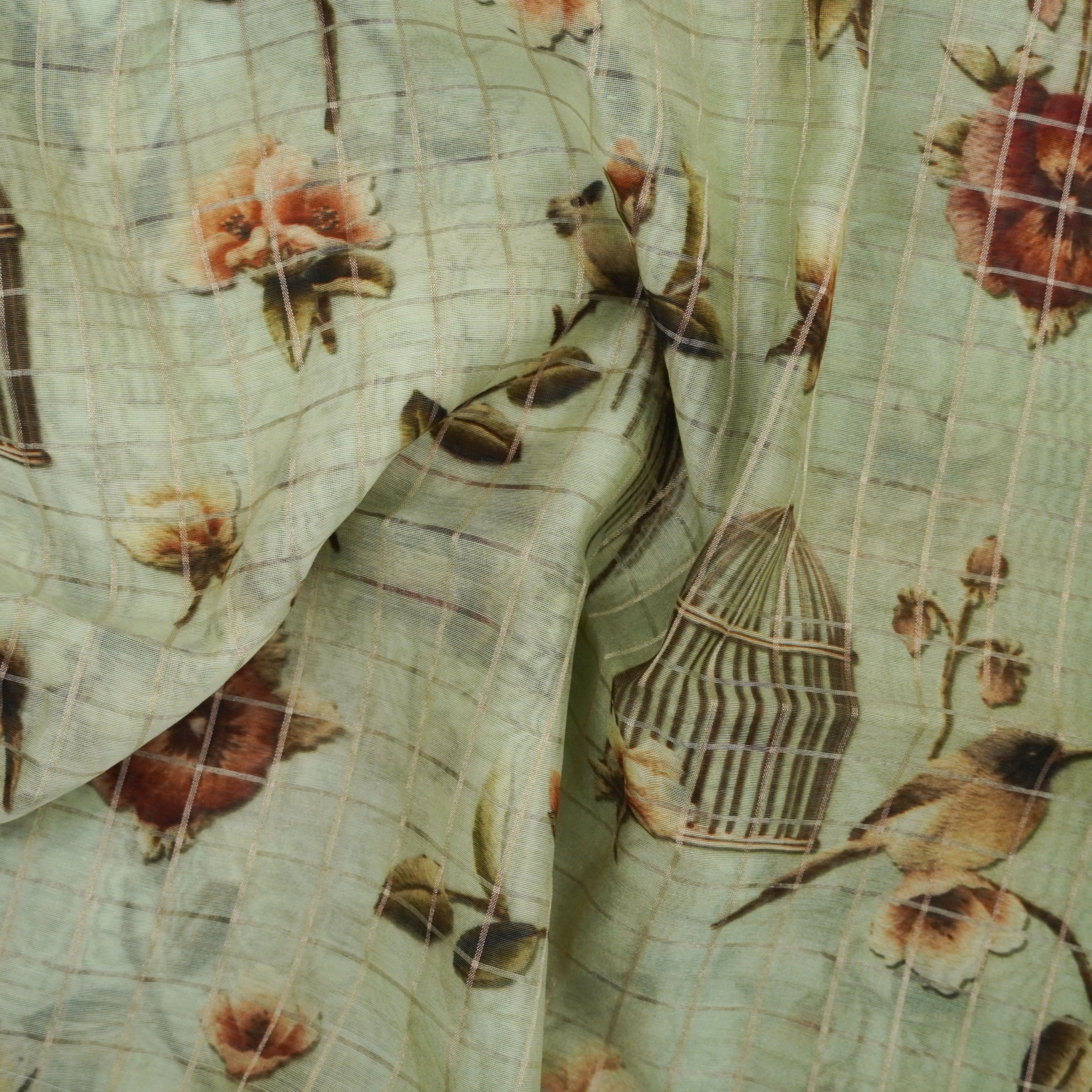 Green Pure Chanderi Silk with Zari Checks Print Fabric