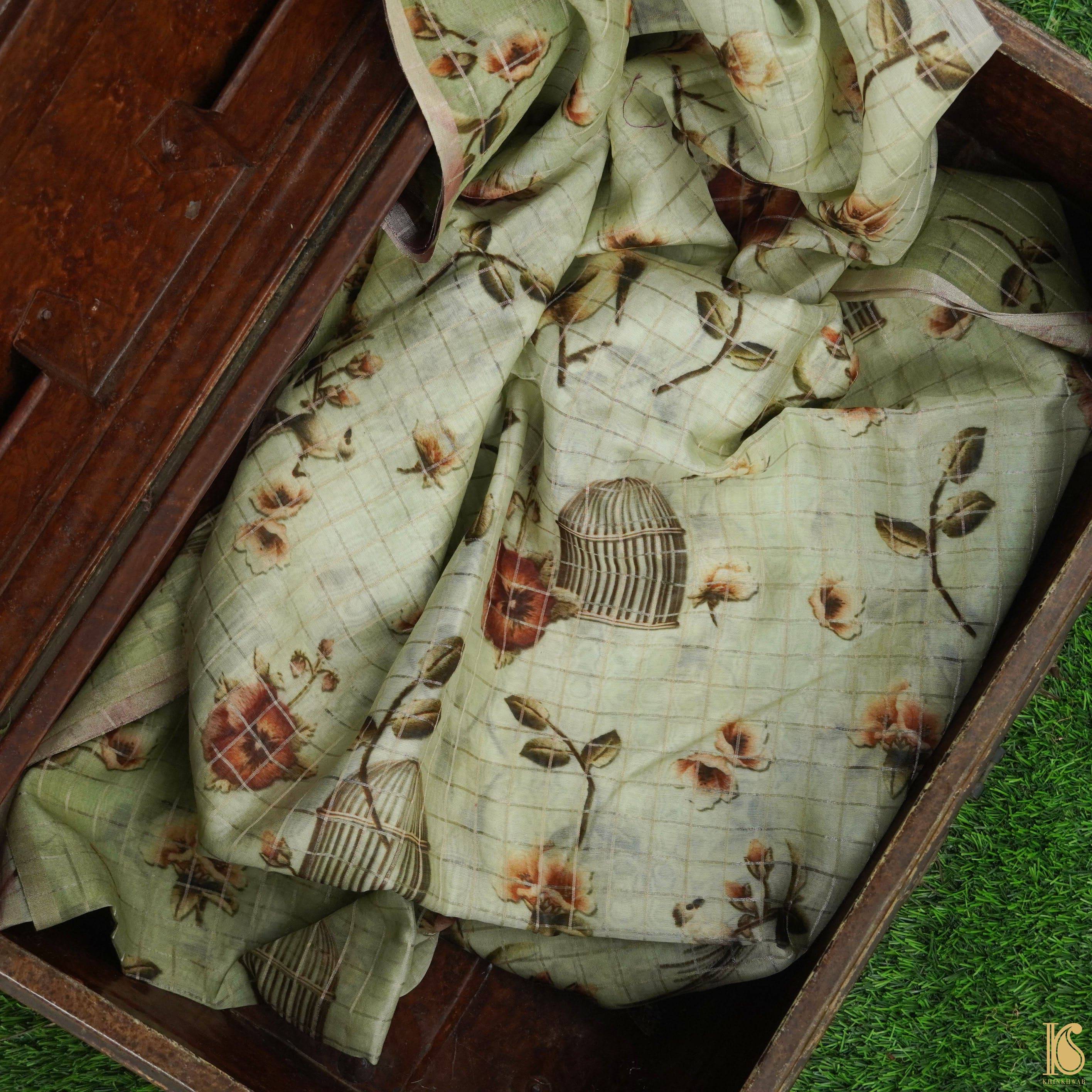 Green Pure Chanderi Silk with Zari Checks Print Fabric