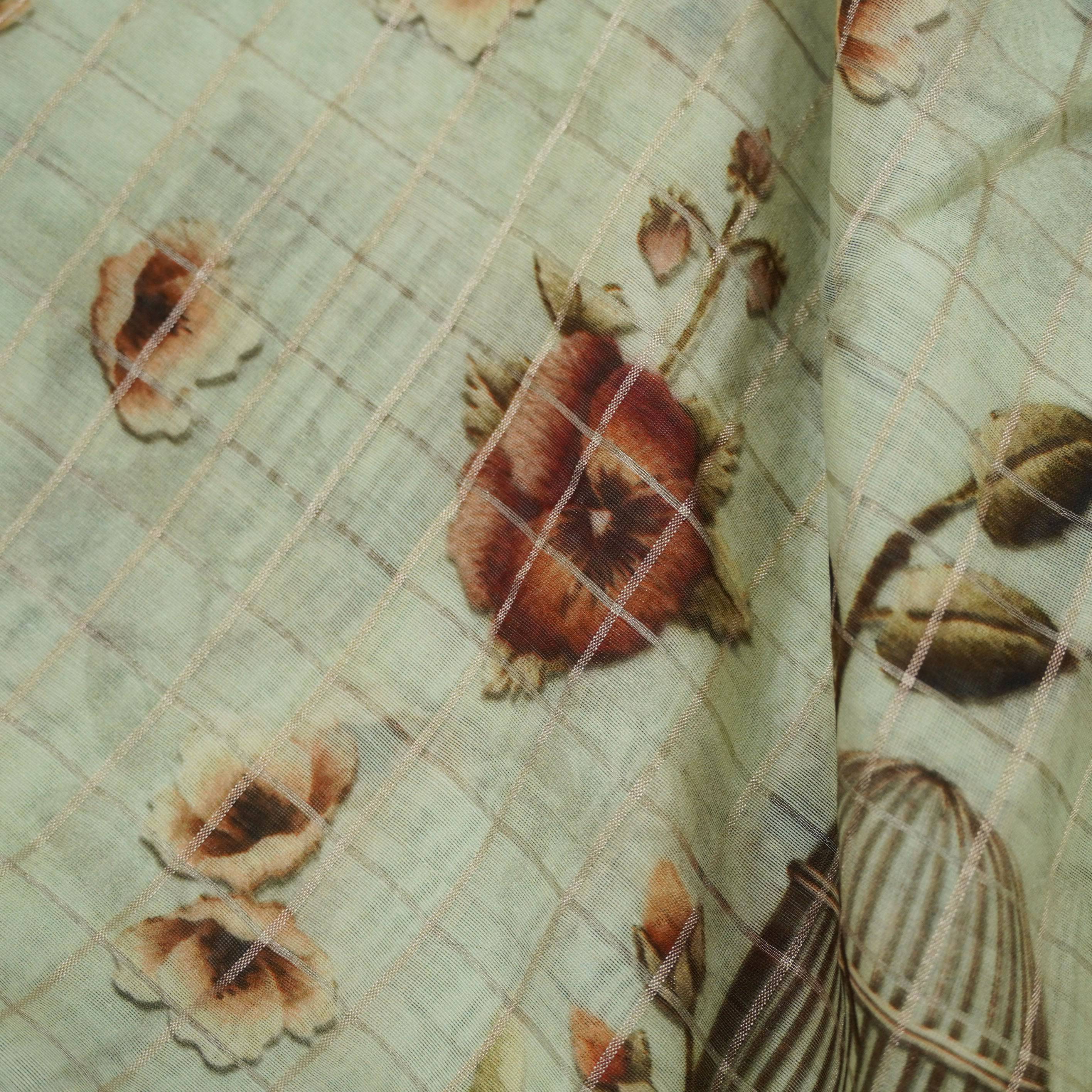 Green Pure Chanderi Silk with Zari Checks Print Fabric