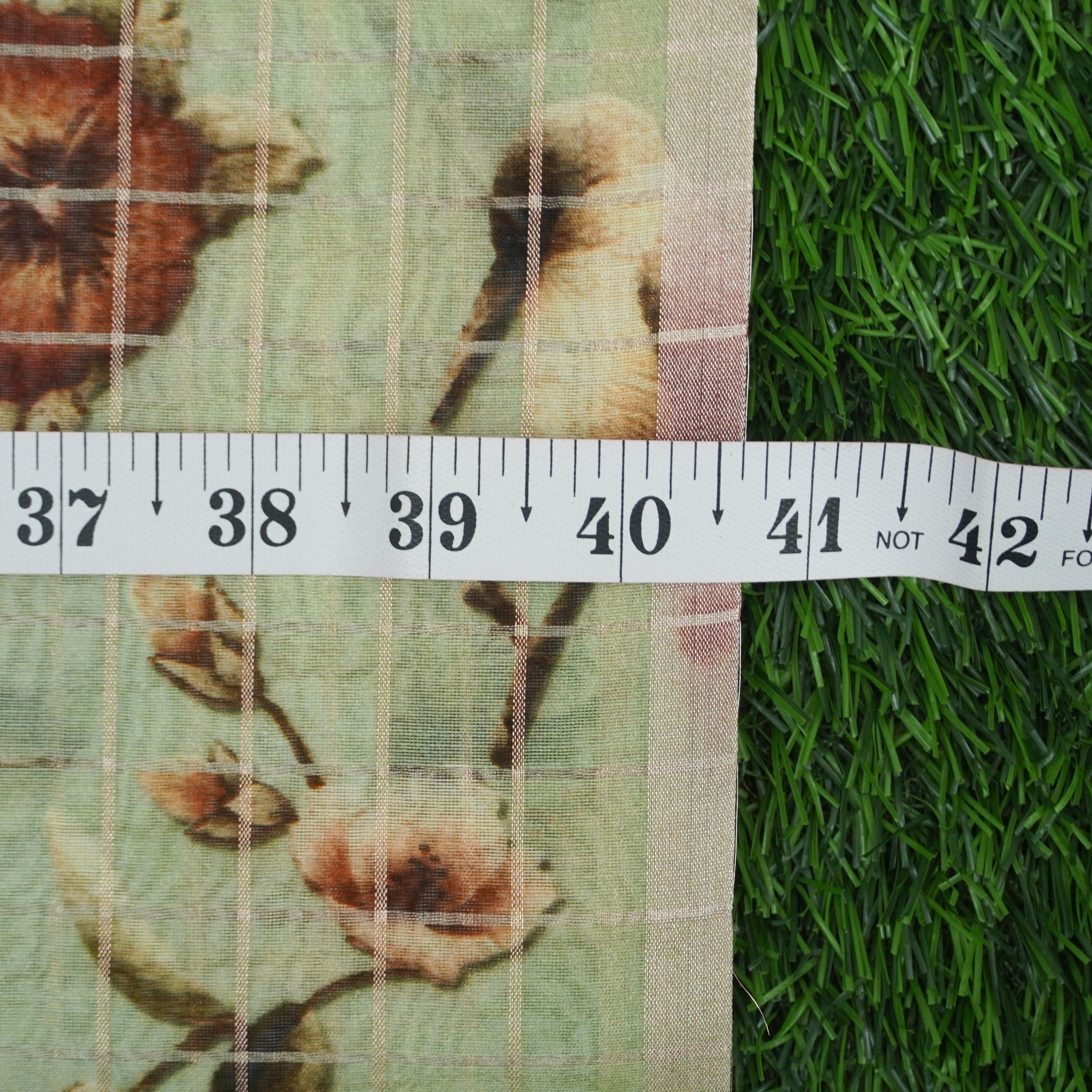 Green Pure Chanderi Silk with Zari Checks Print Fabric