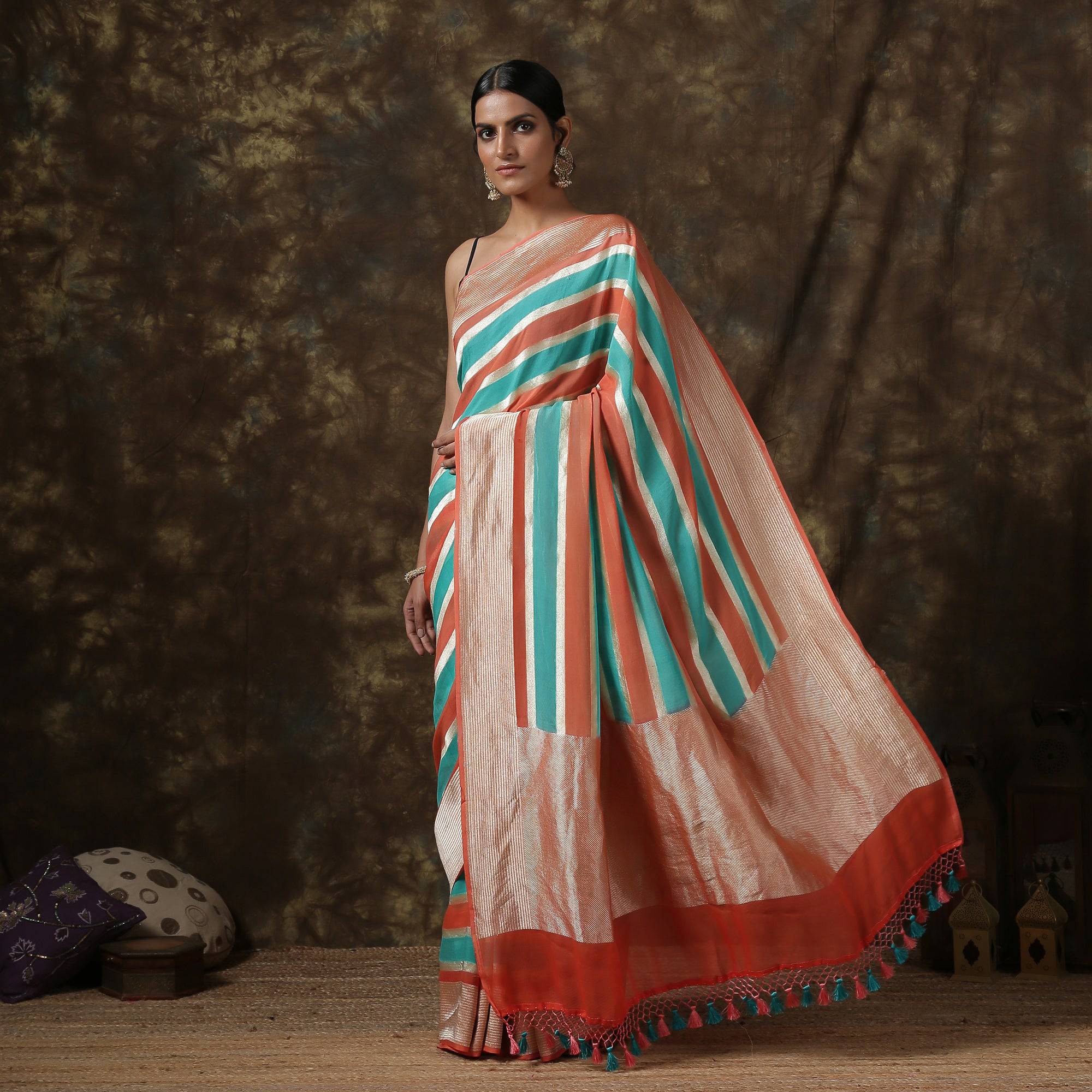 Pure Georgette Handloom Stripes Banarasi Saree - Khinkhwab