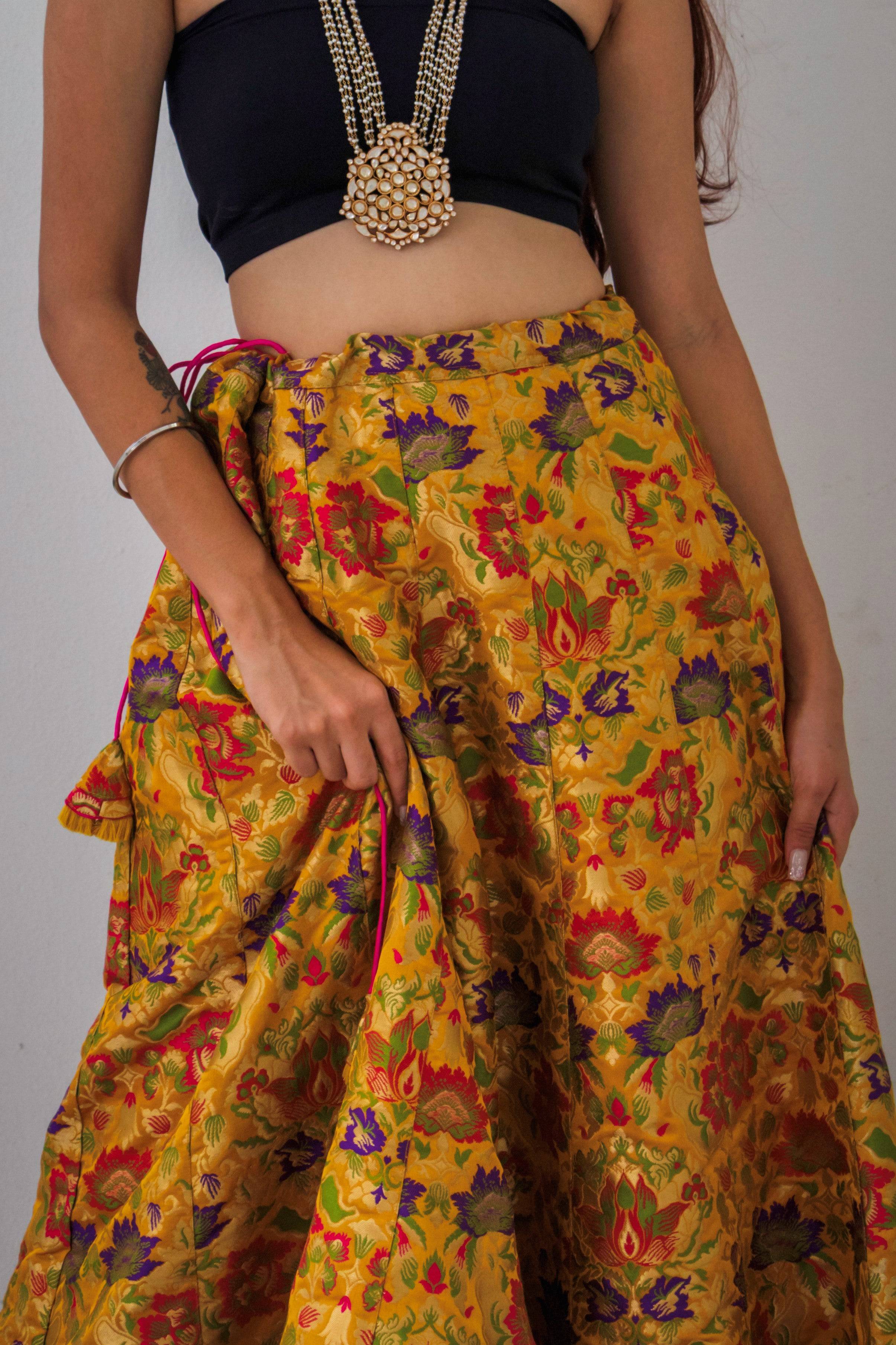 Yellow Kimkhab Banarasi Silk Stitched Lehenga Skirt
