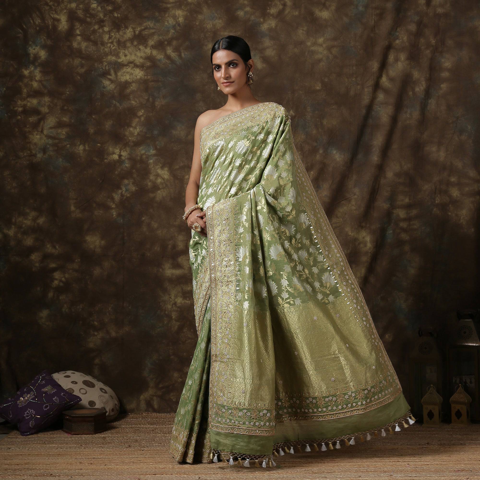 Handwoven Pure Georgette by Tissue Banarasi Embroidery Saree
