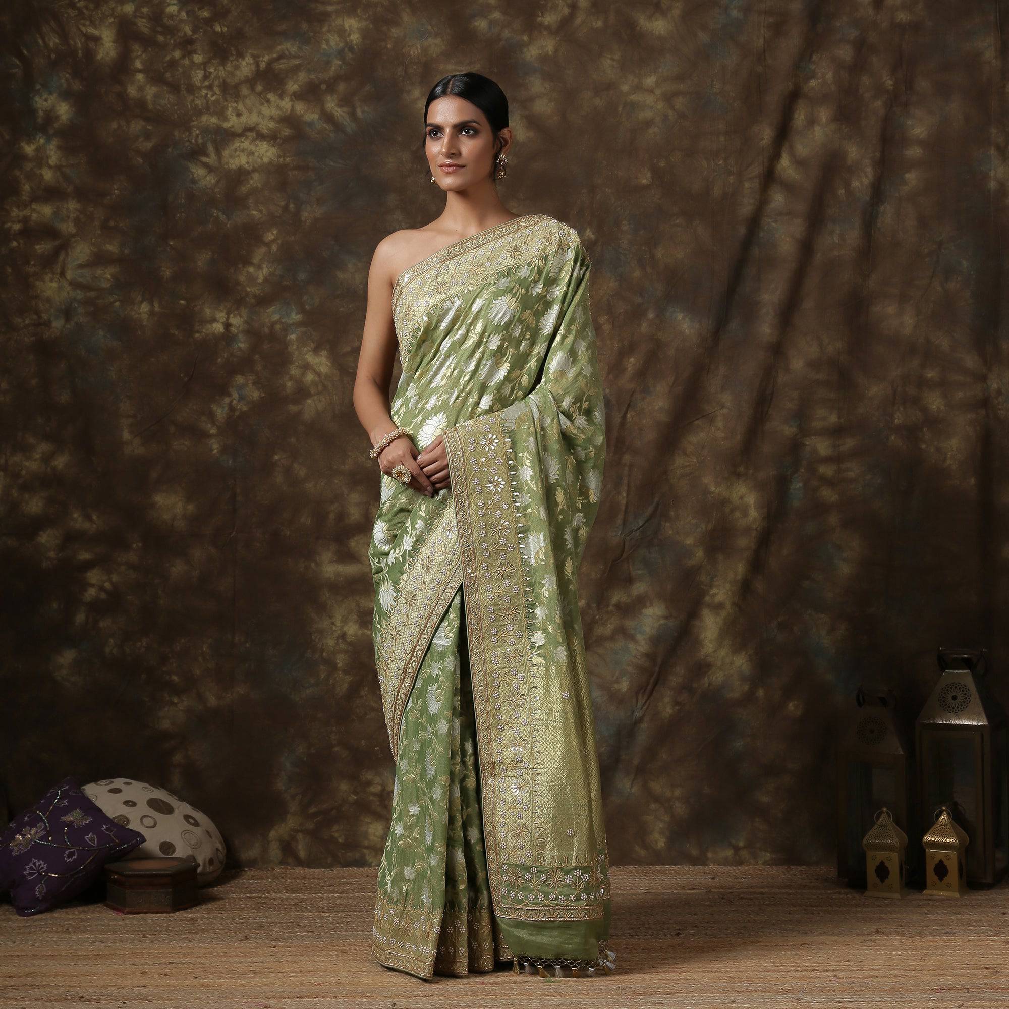 Handwoven Pure Georgette by Tissue Banarasi Embroidery Saree