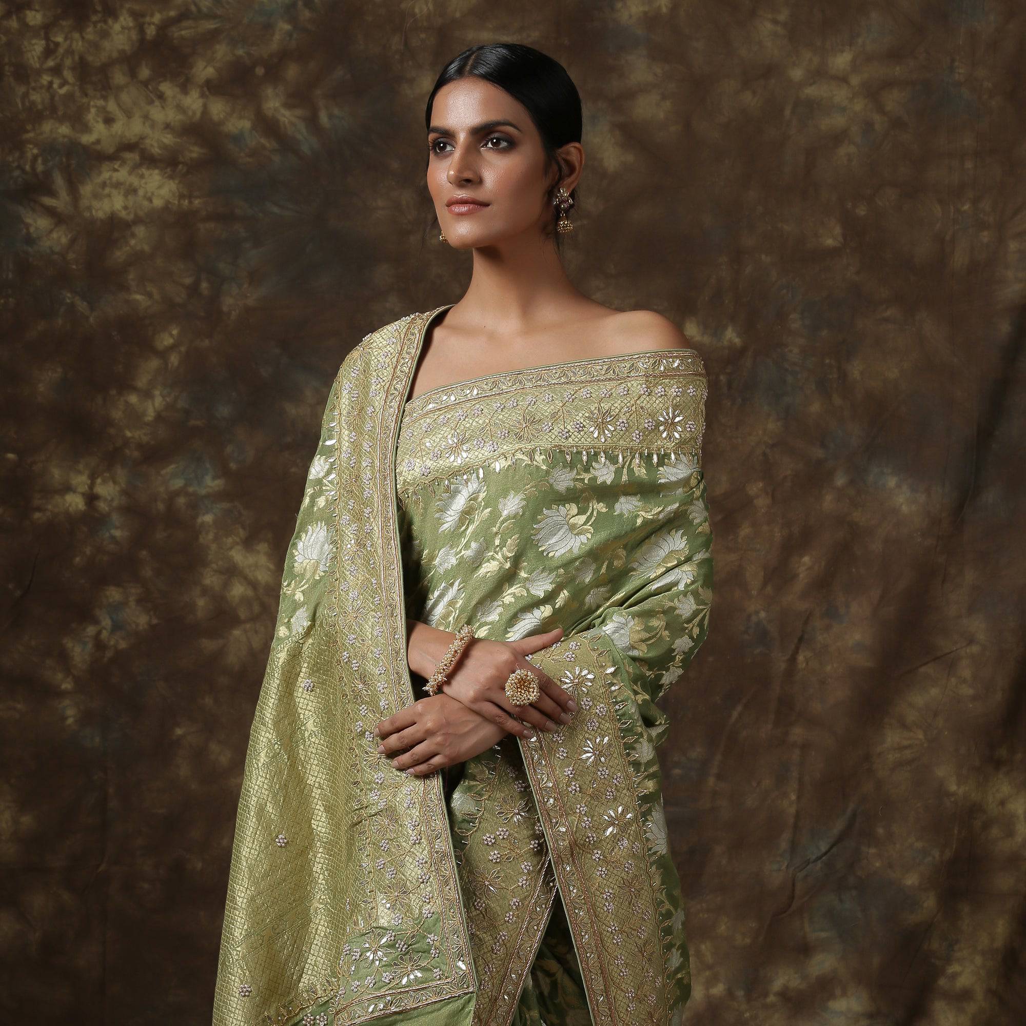 Handwoven Pure Georgette by Tissue Banarasi Embroidery Saree