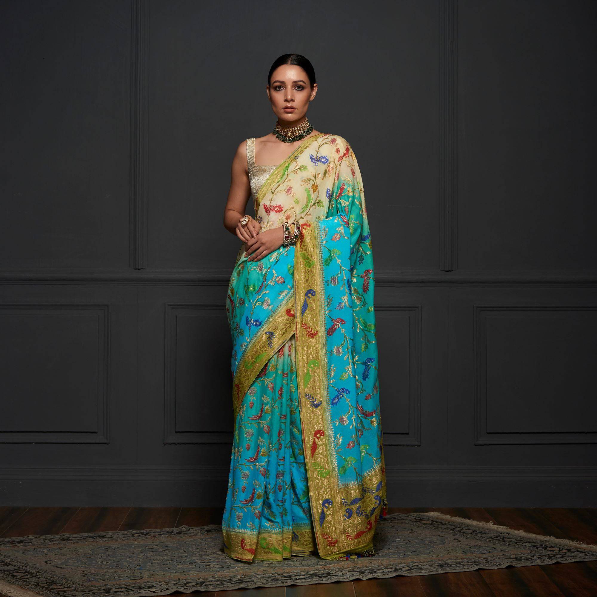Ombre Blue Pure Georgette Birds of Paradise Banarasi Saree