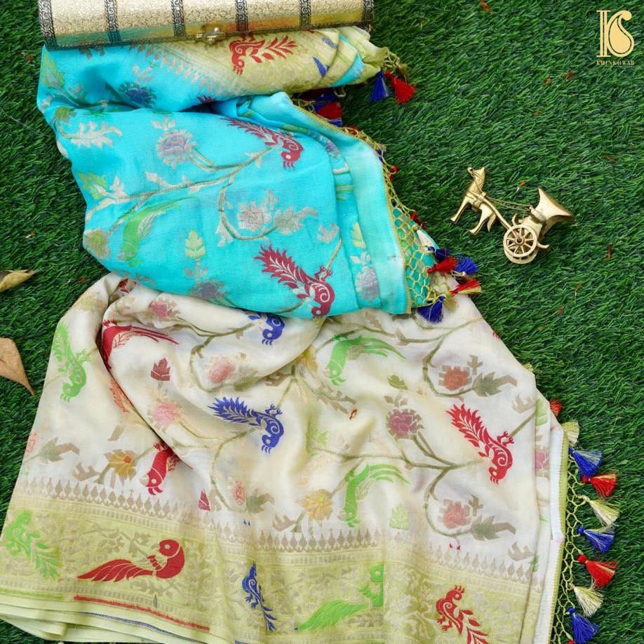 Ombre Blue Pure Georgette Birds of Paradise Banarasi Saree