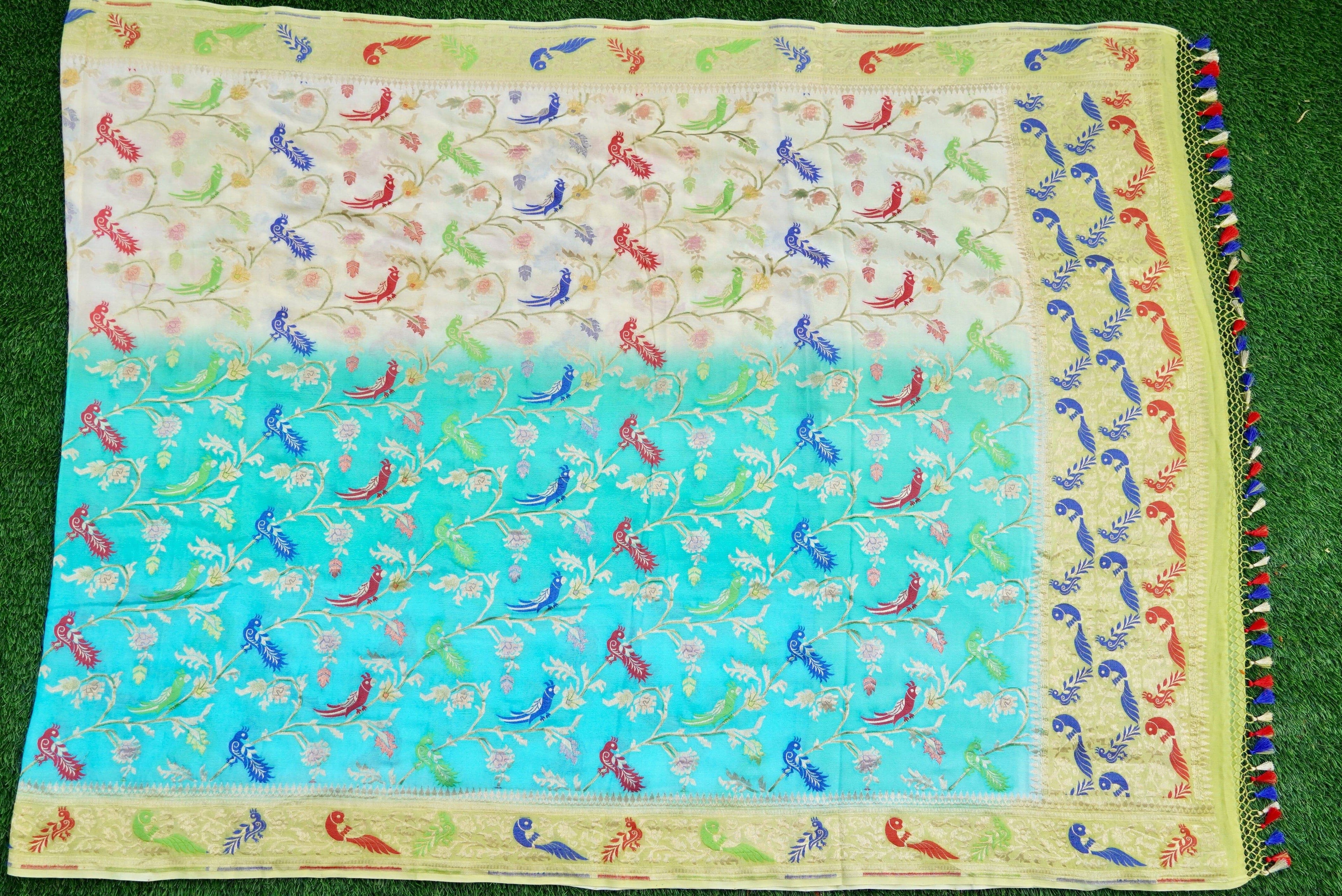 Ombre Blue Pure Georgette Birds of Paradise Banarasi Saree
