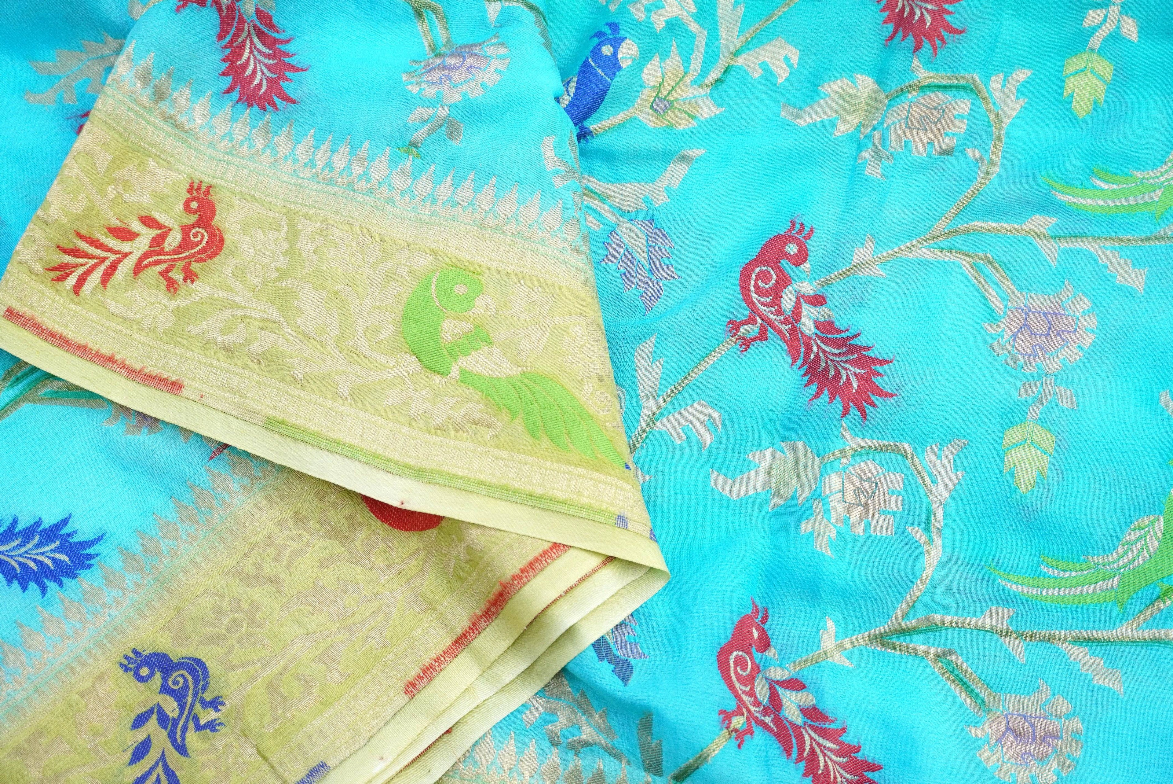 Ombre Blue Pure Georgette Birds of Paradise Banarasi Saree