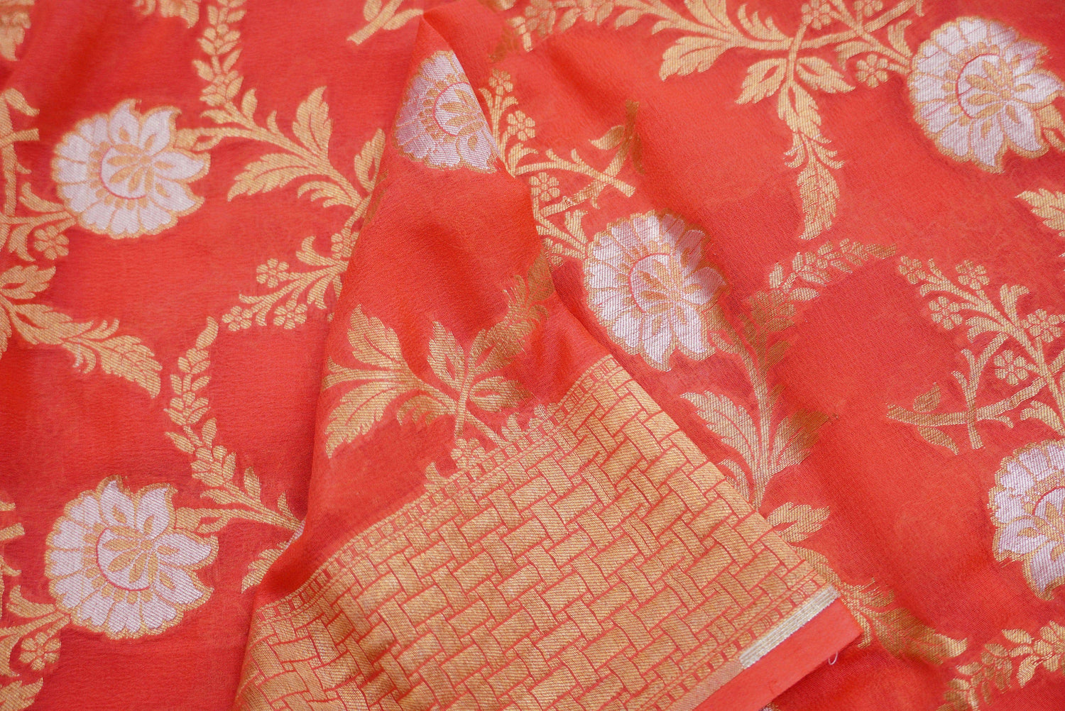 Orange Pure Georgette Handloom Banarasi Dupatta