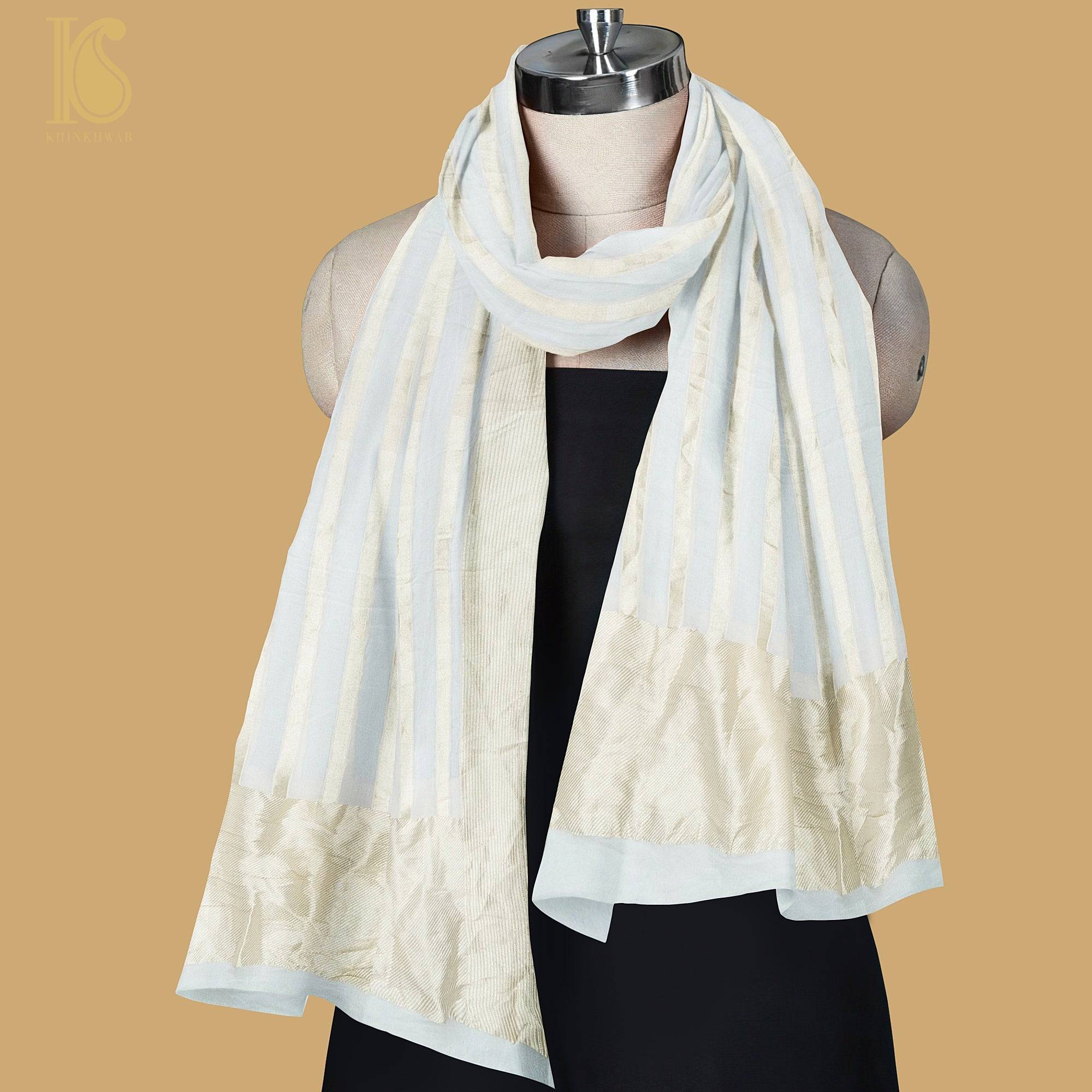 White Pure Georgette Handloom Banarasi Stripes Dupatta